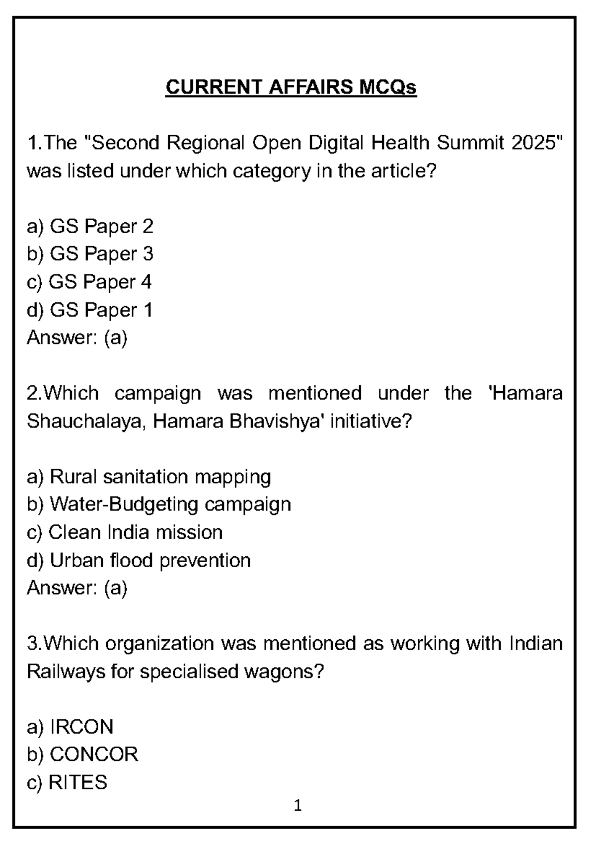 Current Affairs MCQs for GS Papers - 2025 - Studocu