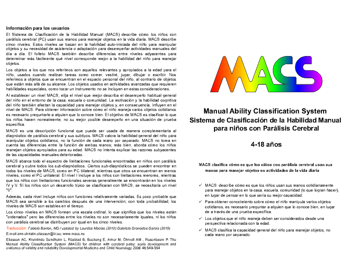 Sistema de Clasificación de la Habilidad Manual (MACS) para Niños 4-18 ...