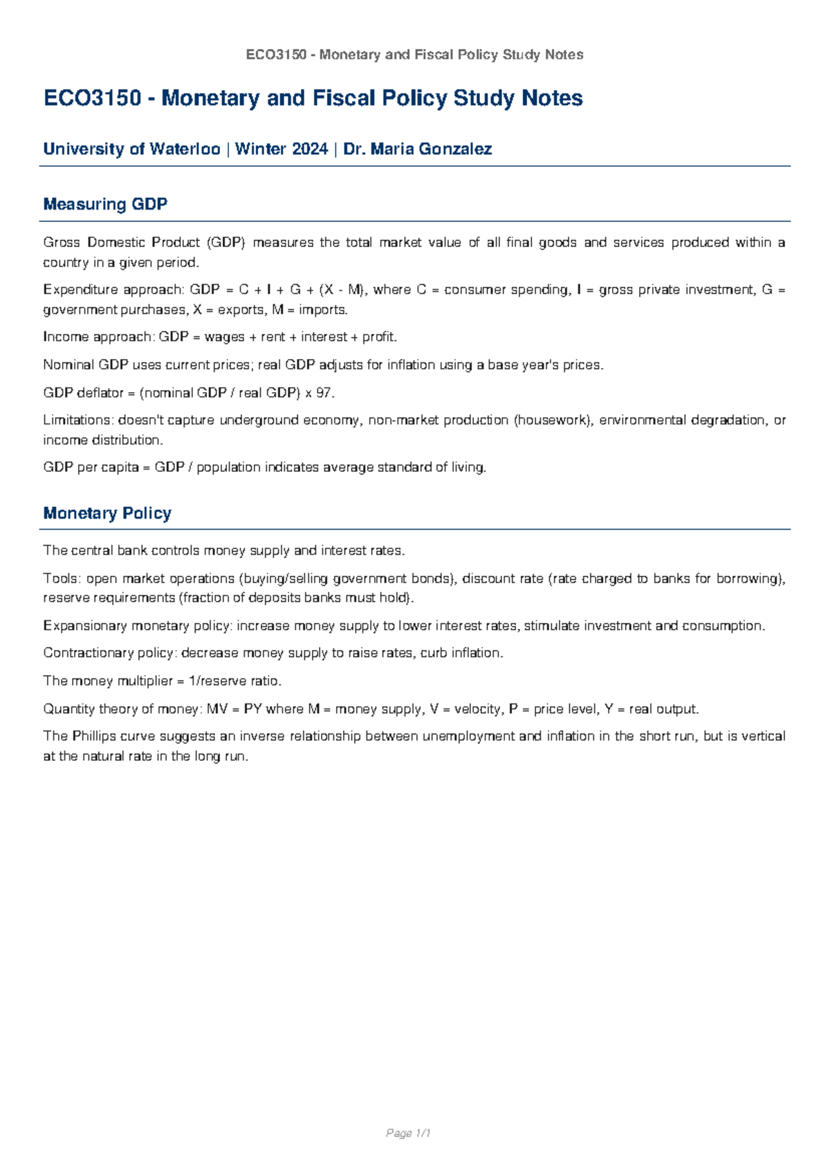 ECO3150 Winter 2024 Study Notes on Monetary & Fiscal Policy - Studocu