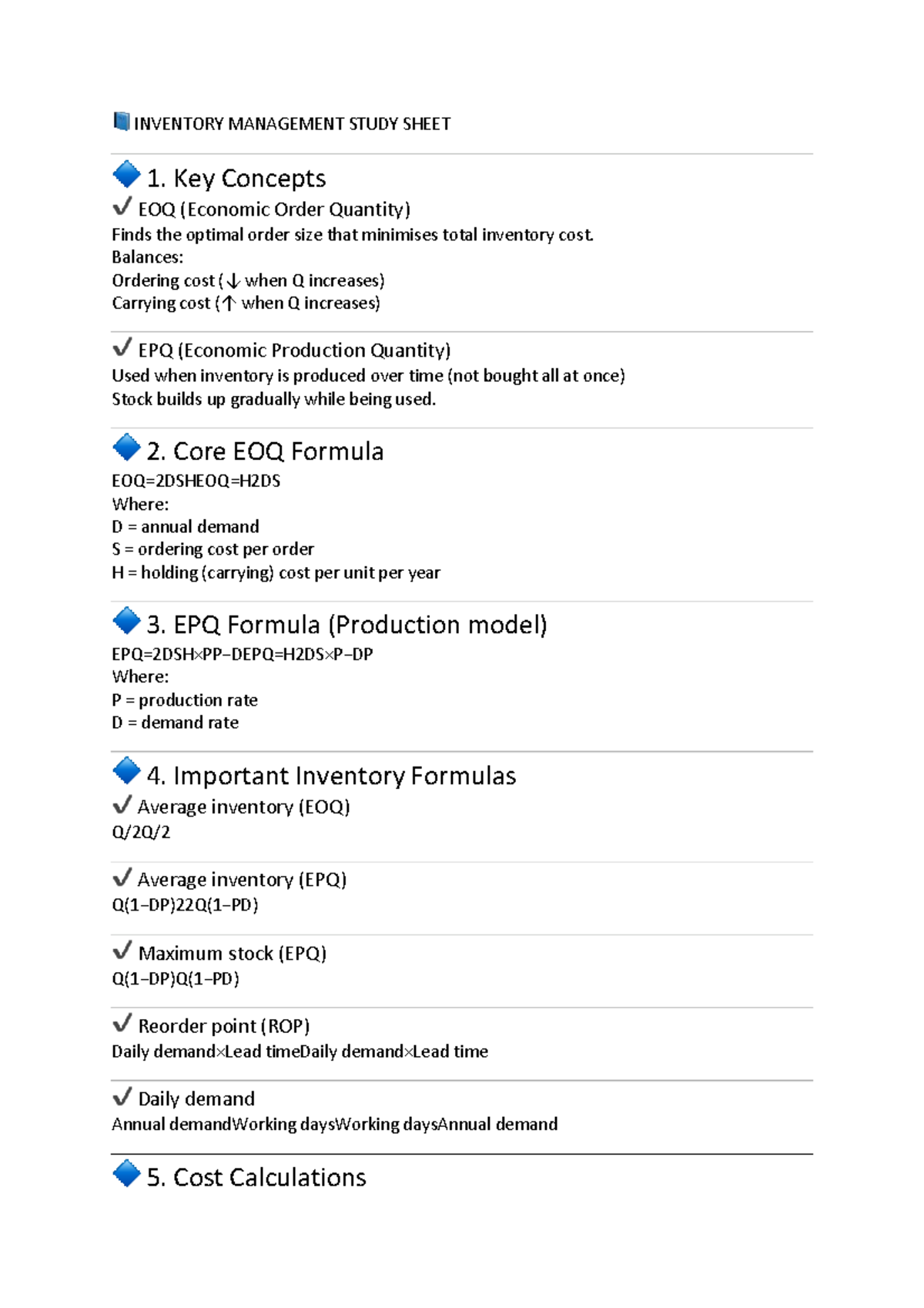 INVENTORY MANAGEMENT STUDY SHEET: EOQ & EPQ FORMULAS - Studocu