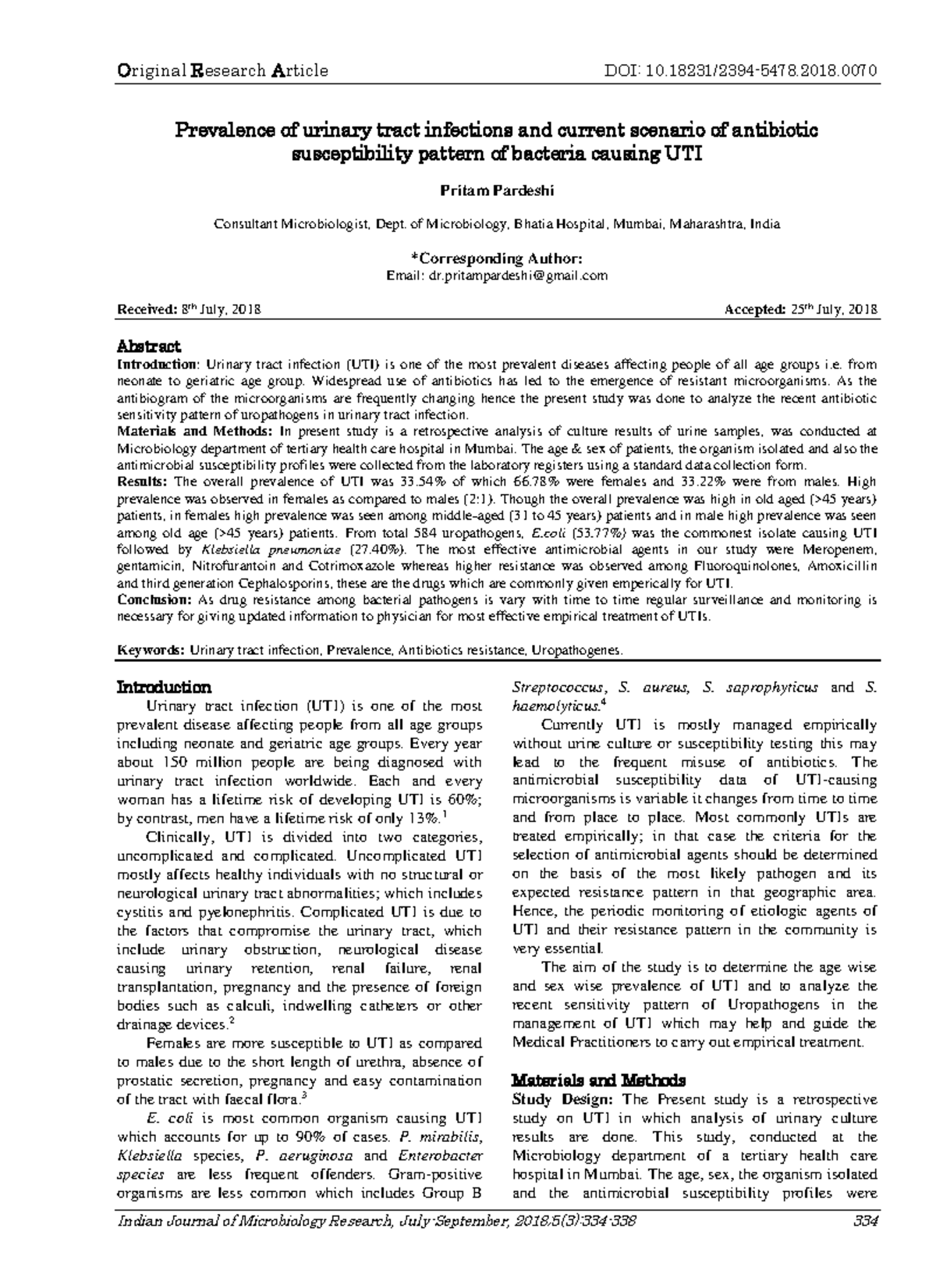 Prevalence of Urinary Tract Infections & Antibiotic Susceptibility ...