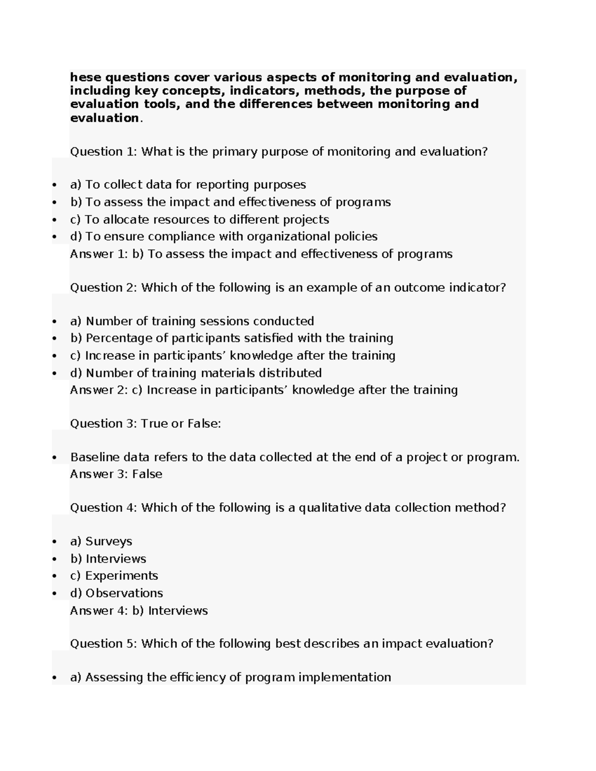 Monitoring and Evaluation Quiz: Key Concepts and Indicators - Studocu