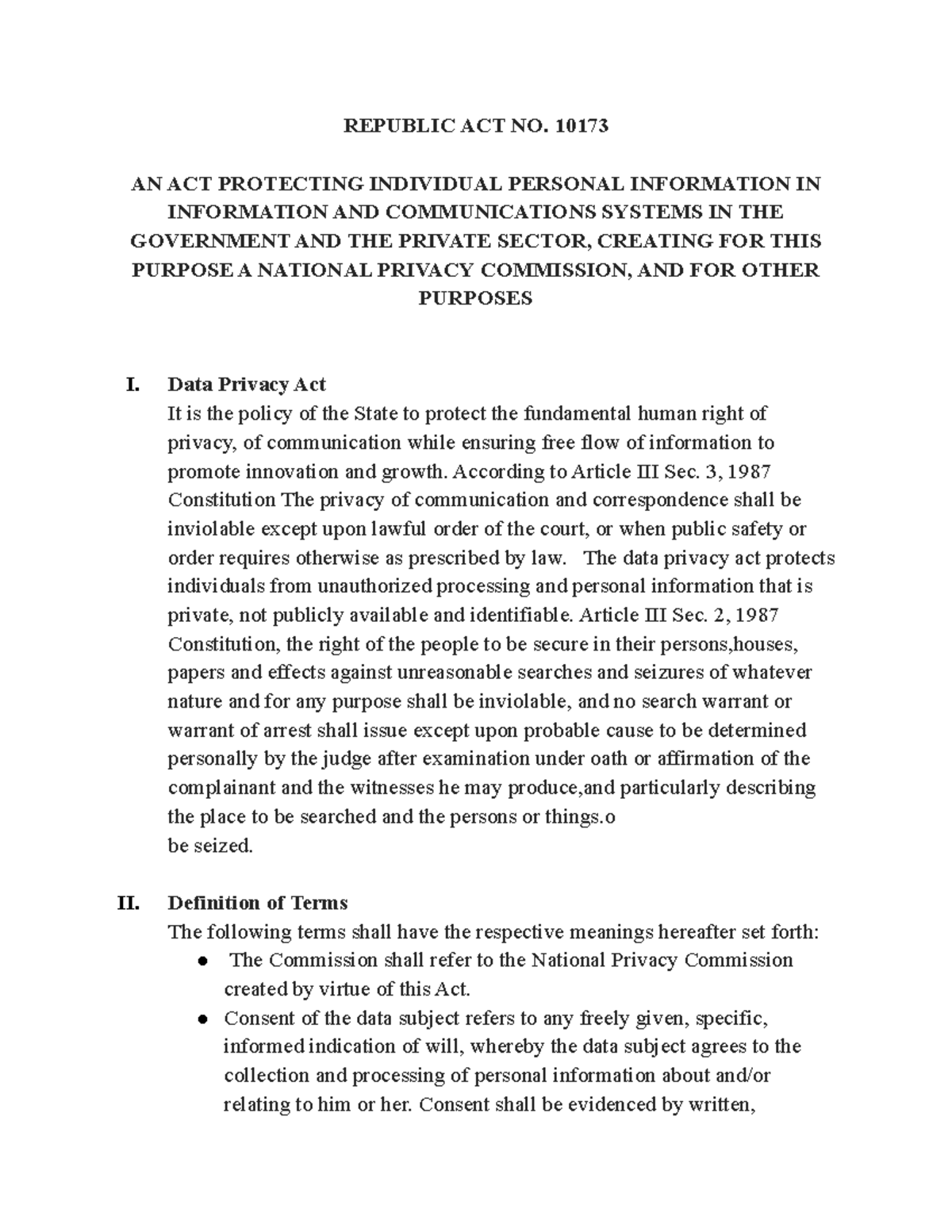 Data Privacy Act Overview - RA 10173 Reviewer Notes - Studocu