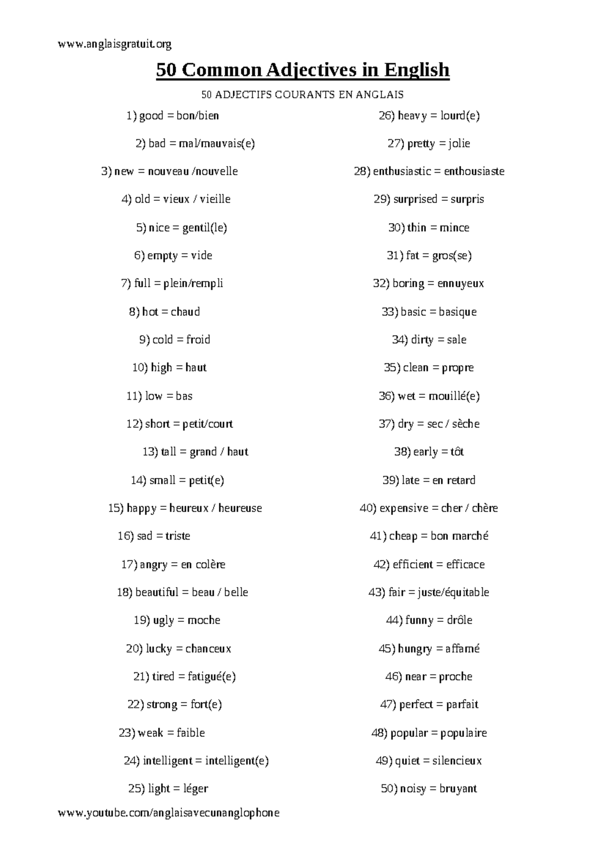 50 Common Adjectives in English - A Study Guide - Studocu