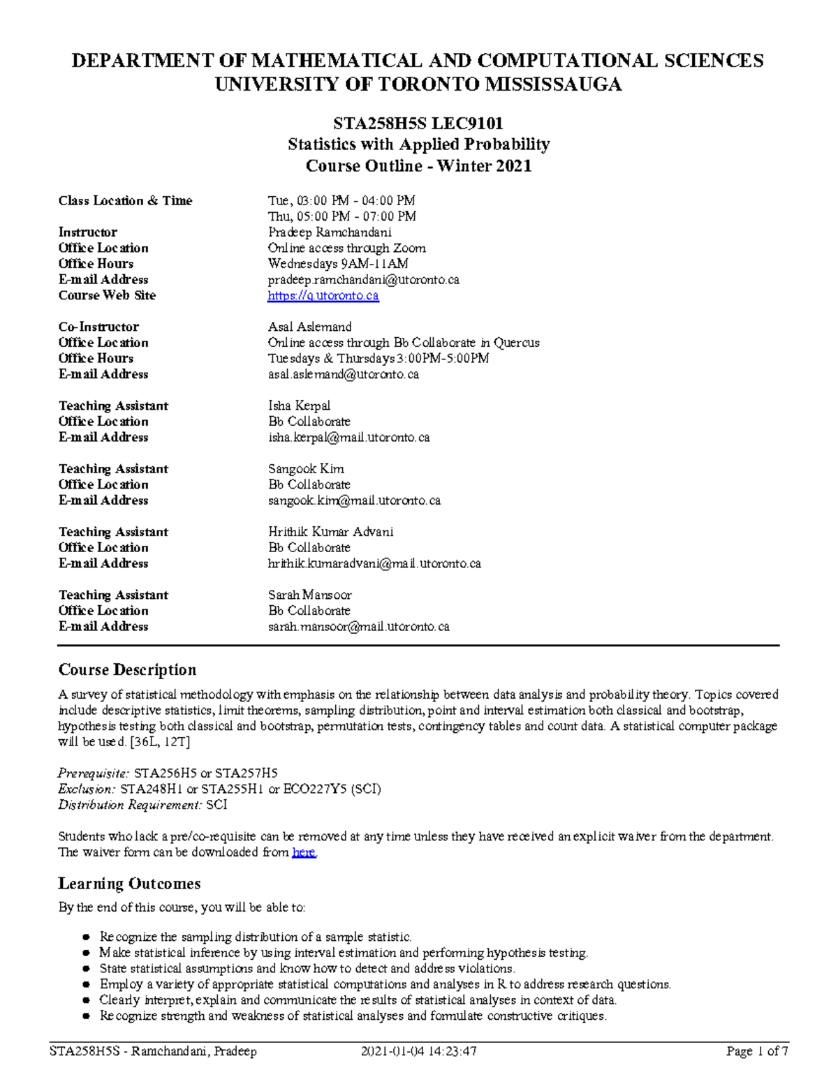 20211 STA258H5S LEC9101 Statistics Course Outline - Winter 2021 - Studocu