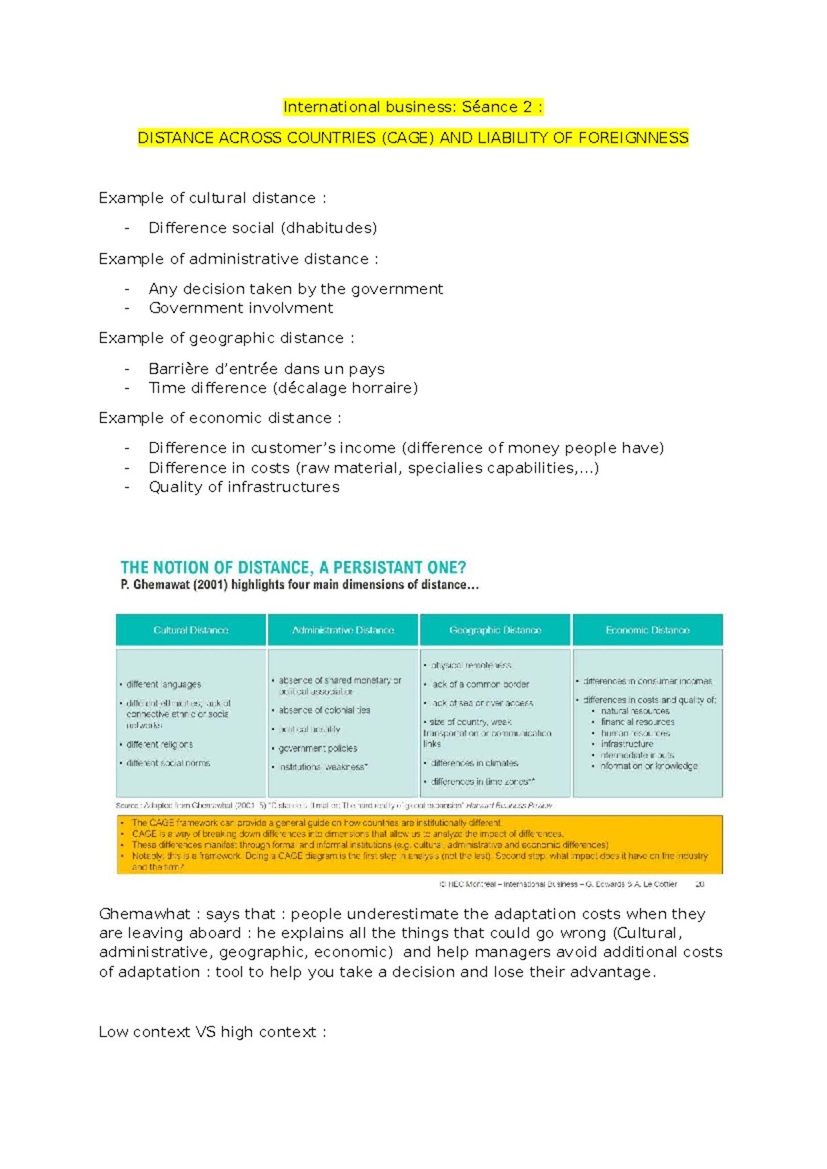 International Business: Session 2 - CAGE Framework & Foreignness - Studocu