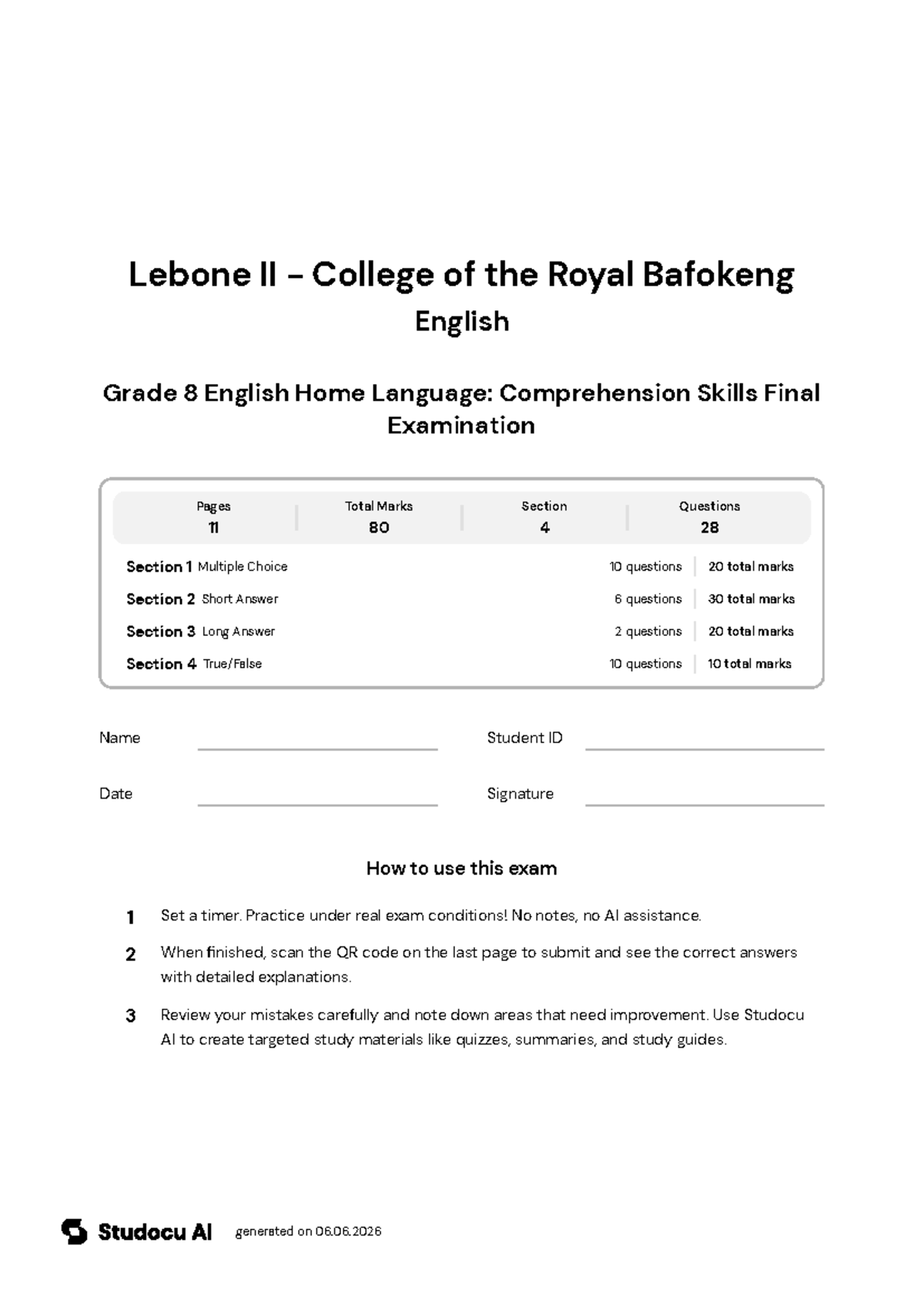 Grade 8 English Home Language: Comprehension Skills Final Exam - Studocu
