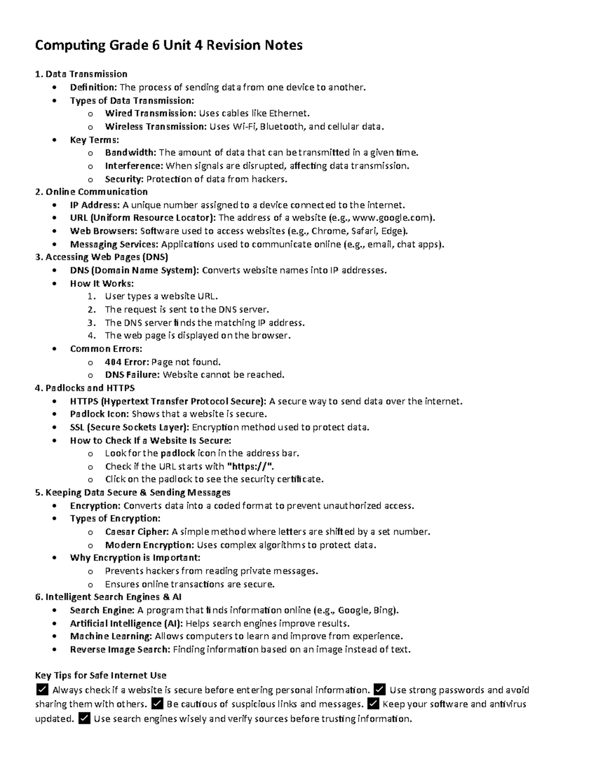 Computing Grade 6 Unit 4 Revision Notes: Data Transmission & Security ...