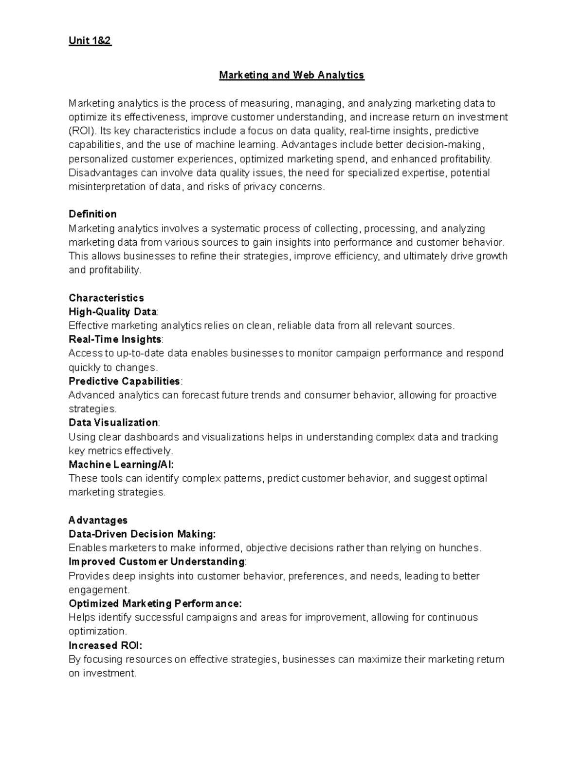 Marketing and Web Analytics: Unit 1 & 2 Overview - Studocu
