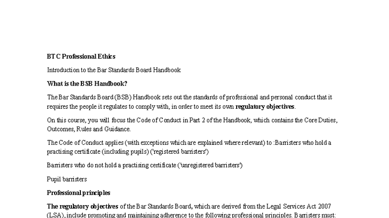 BTC Professional Ethics: Overview of the BSB Handbook and Core Duties ...