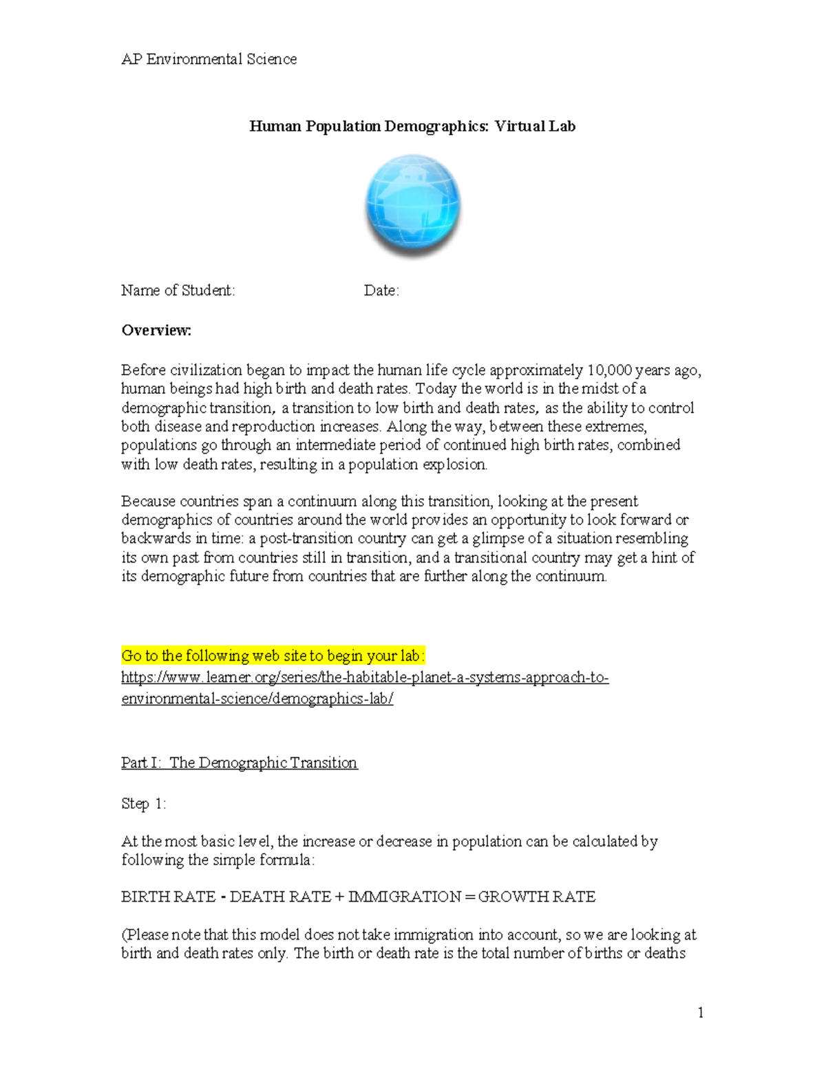AP Environmental Science Demographic Transition Virtual Lab Report ...