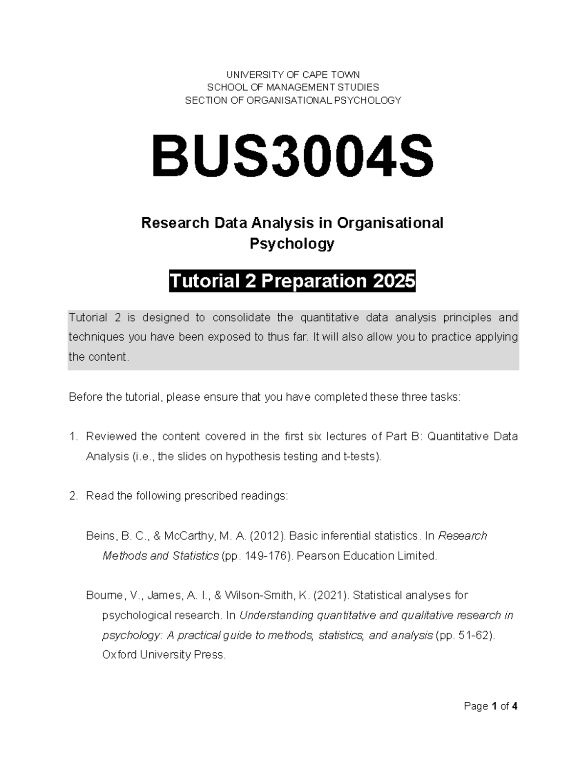 BUS3004S Tutorial 2 Prep: Quantitative Data Analysis in Org Psych - Studocu