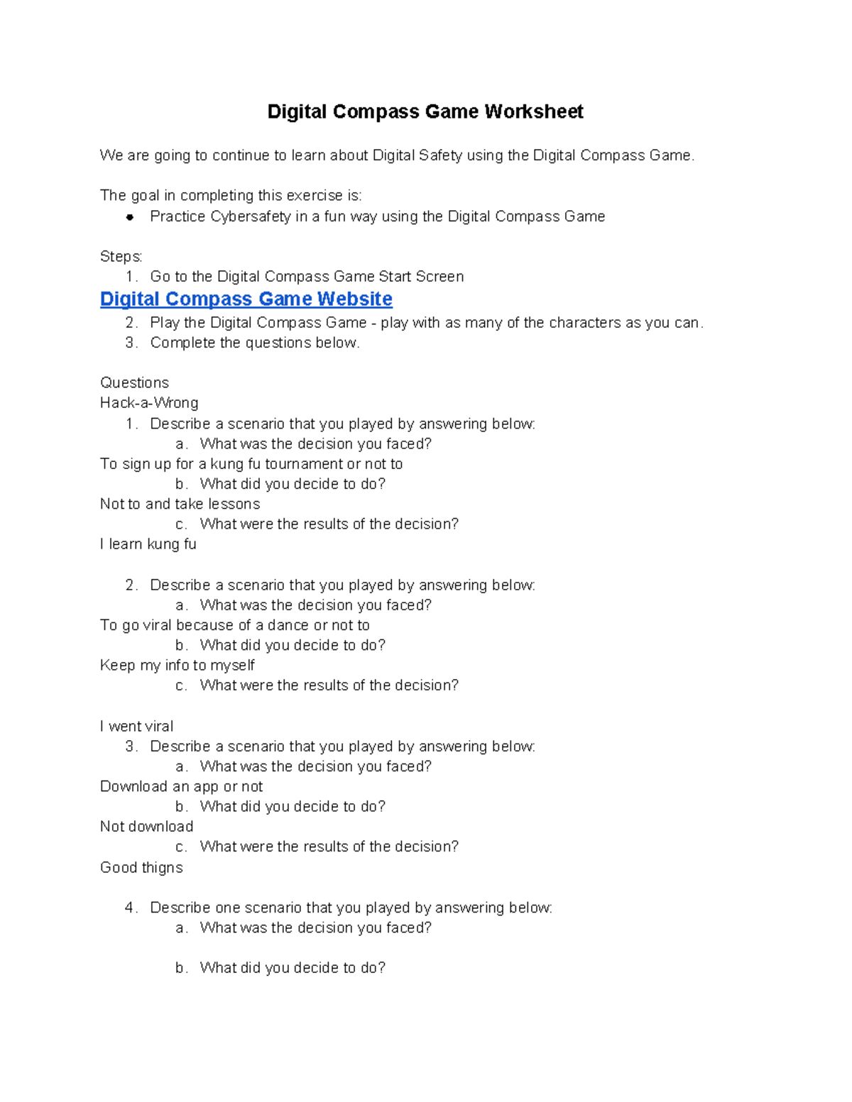 Digital Compass Game Worksheet - The goal in completing this exercise ...