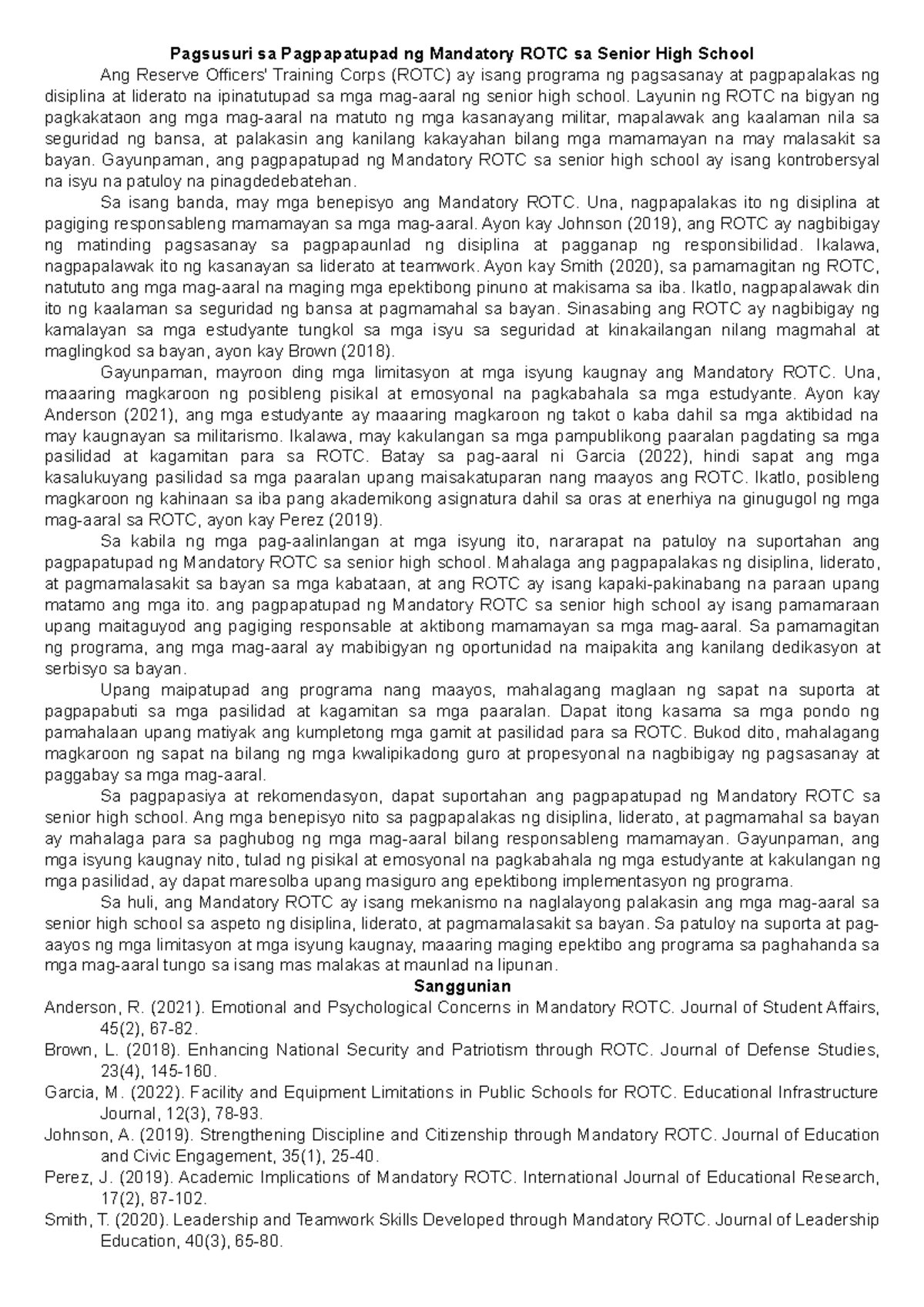 Pagsusuri sa Mandatory ROTC at Maagang Pagbubuntis sa Kabataan - Studocu