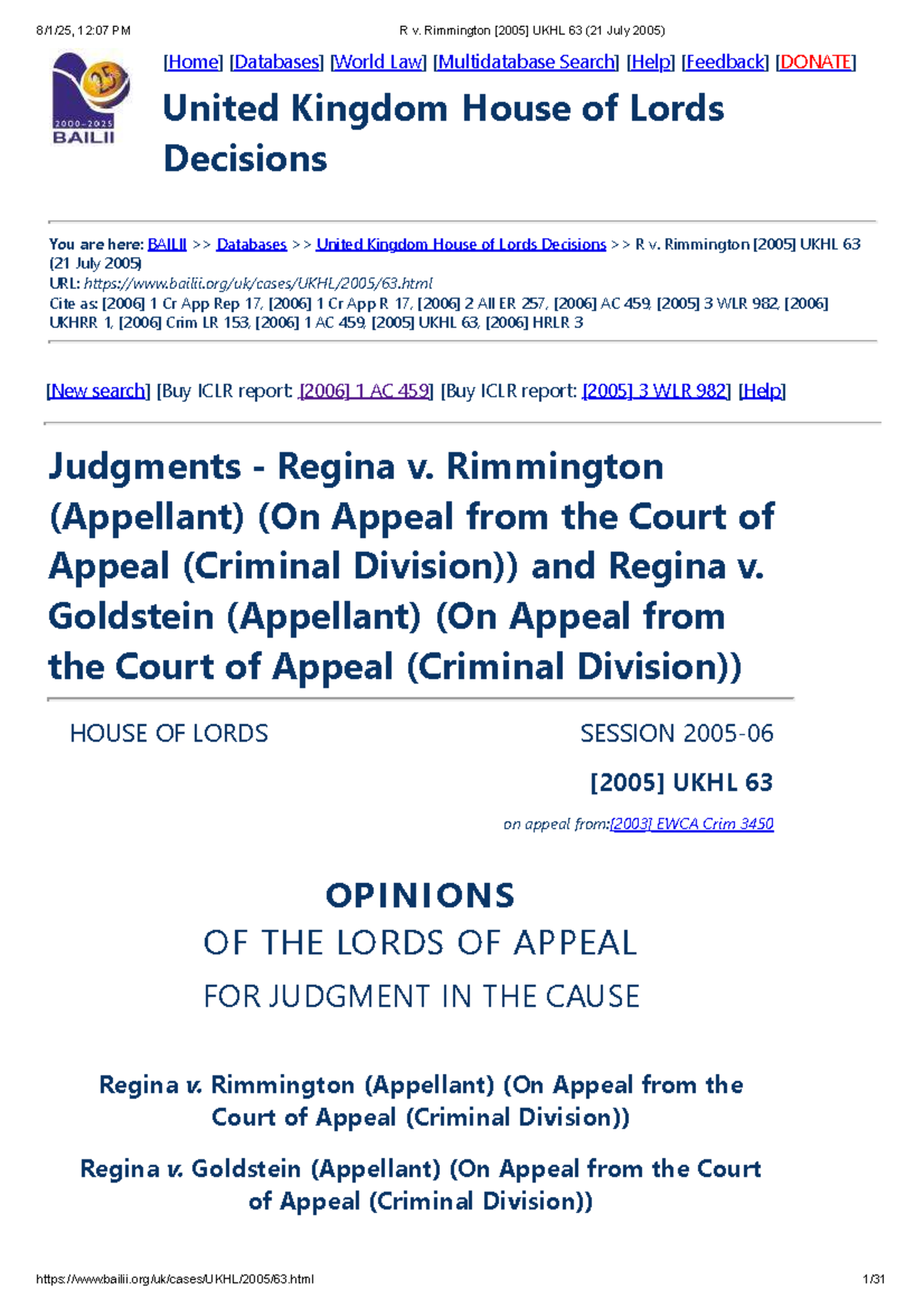 R v. Rimmington [2005] UKHL 63: House of Lords Decision Analysis - Studocu