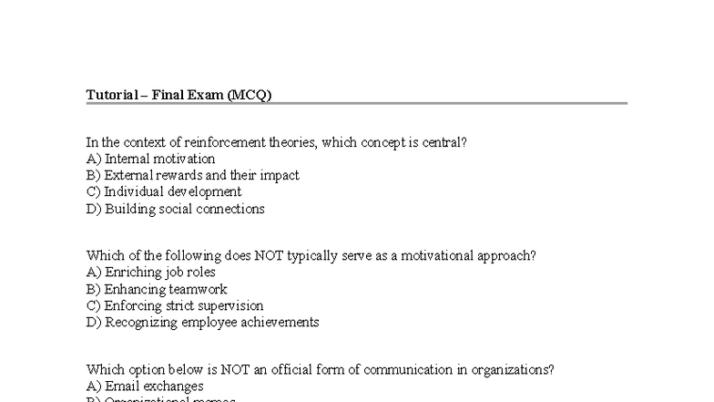 Tutorial MCQ: Final Exam on Management Theories and Practices - Studocu