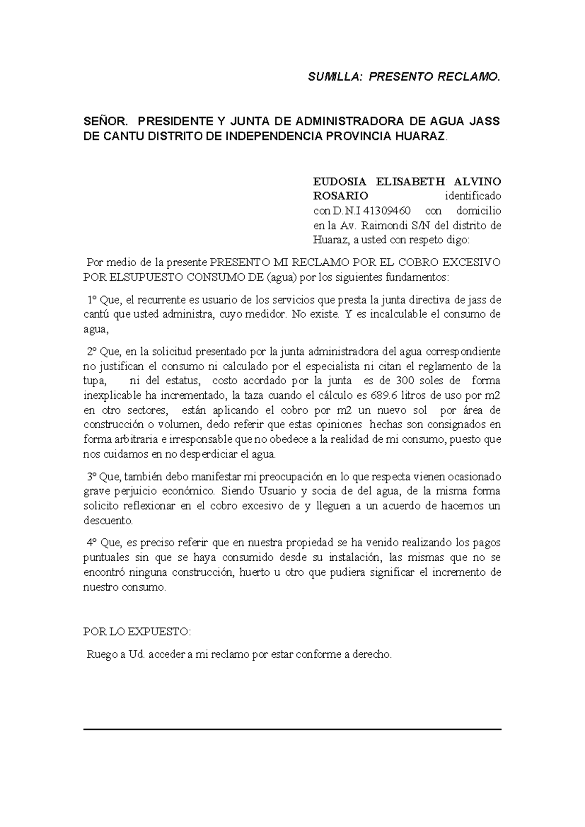 Reclamo por Cobro Excesivo de Agua - SUMILLA JASS CANTÚ - Studocu
