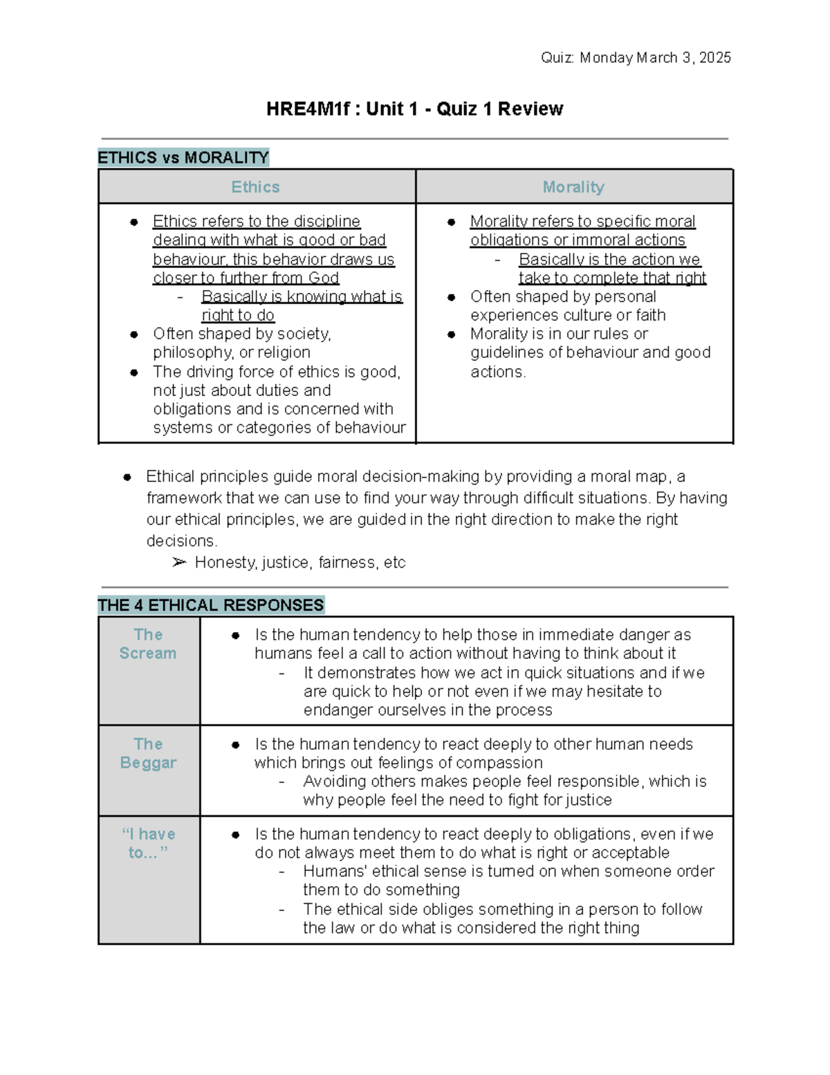 HRE4M1f Unit 1 - Quiz 1 review on ethics and morality concepts - Studocu
