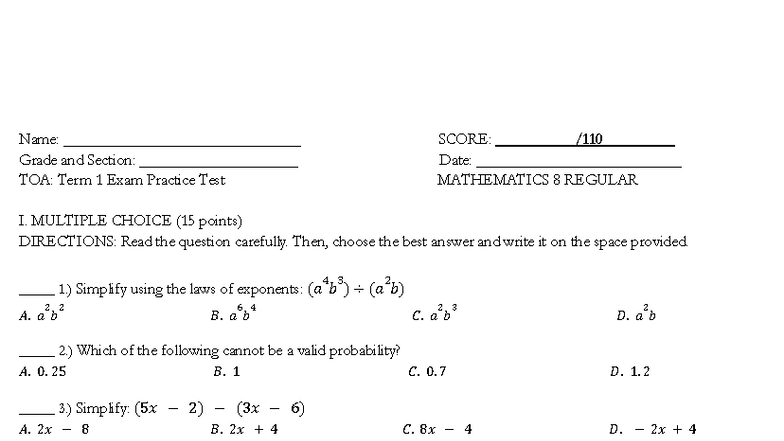 TERM 1 MATH 8 Practice Test: Exam Preparation Guide - Studocu