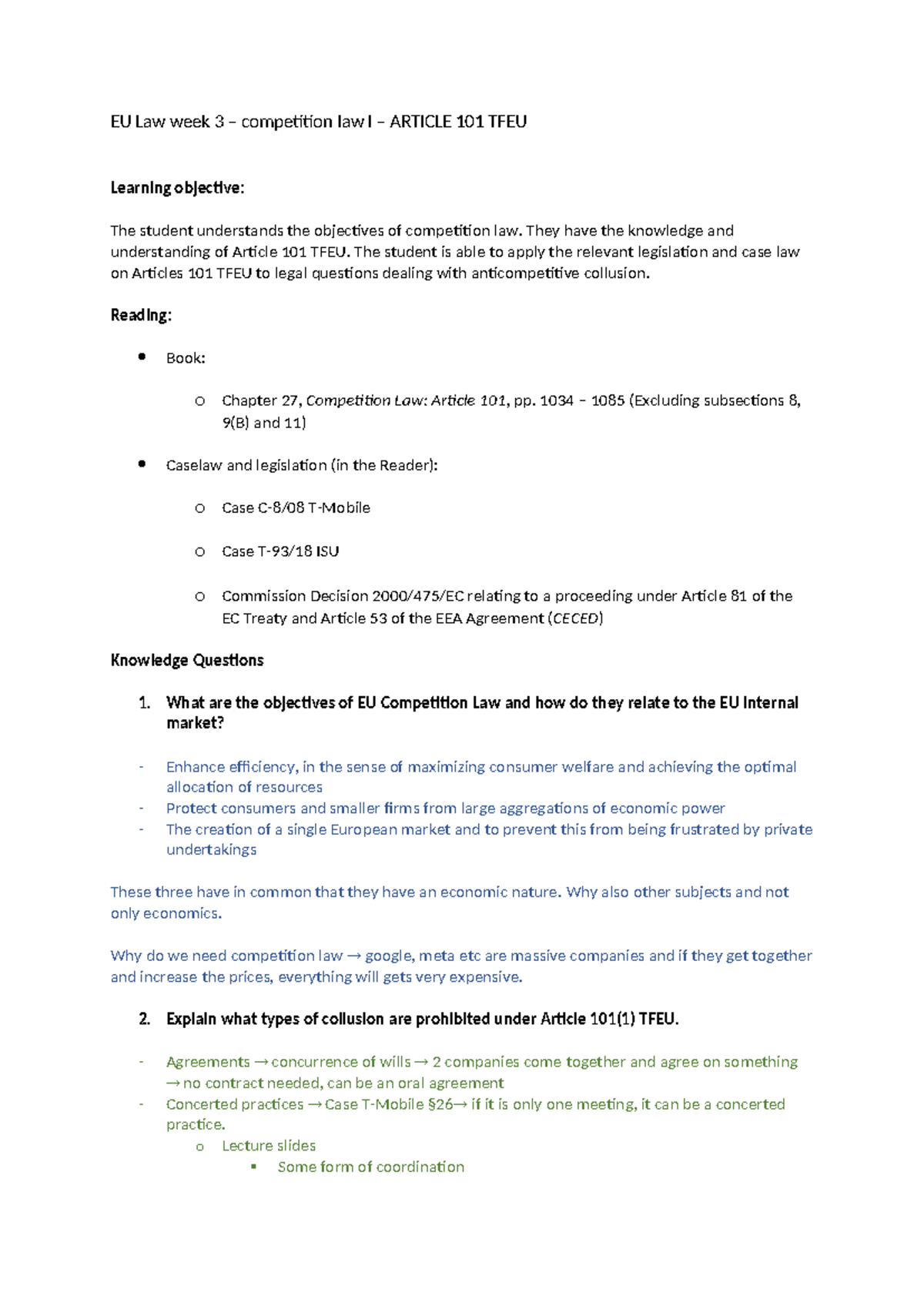 EU Law Week 3: Competition Law I - Article 101 TFEU Overview - Studeersnel