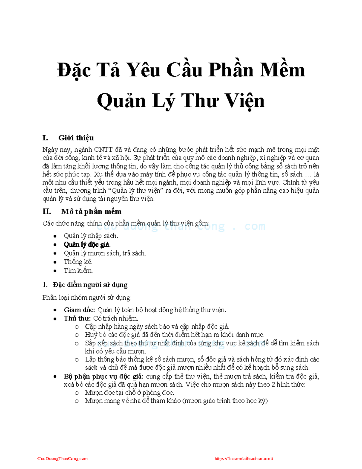 SRS Quản Lý Thư Viện Điện Tử - Đặc Tả Yêu Cầu Phần Mềm - Studocu