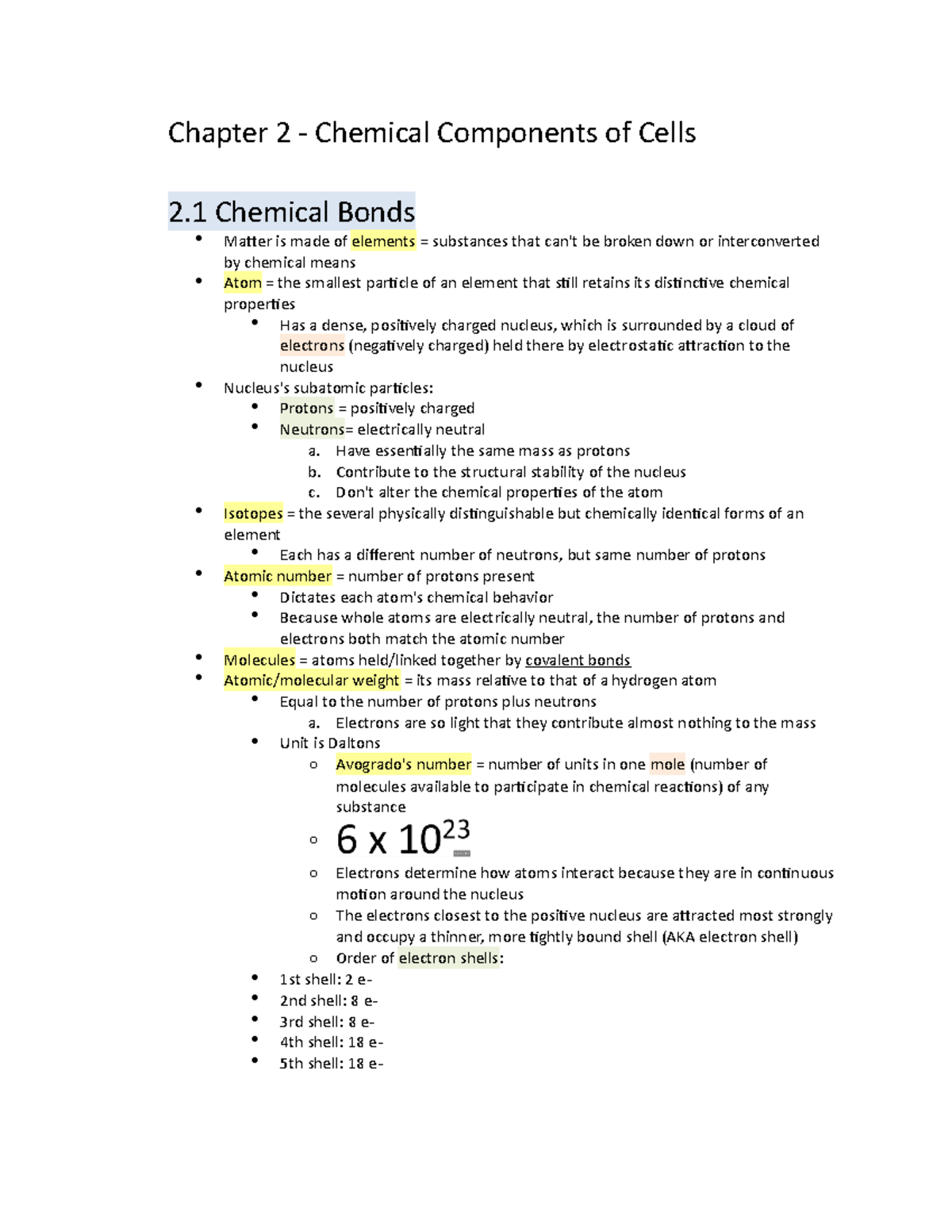Cell Biology Notes Chapter 2 - Chapter 2 - Chemical Components of Cells ...