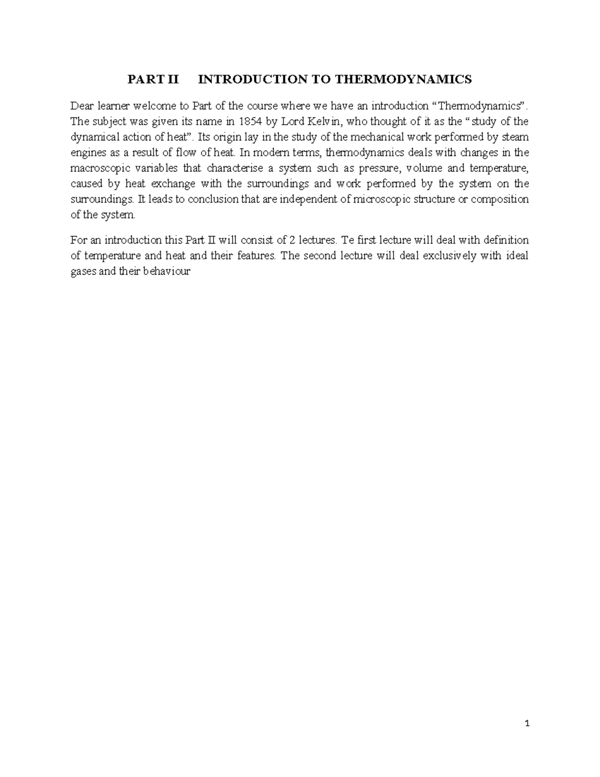 PART II: Introduction to Thermodynamics - Lecture Notes - Studocu