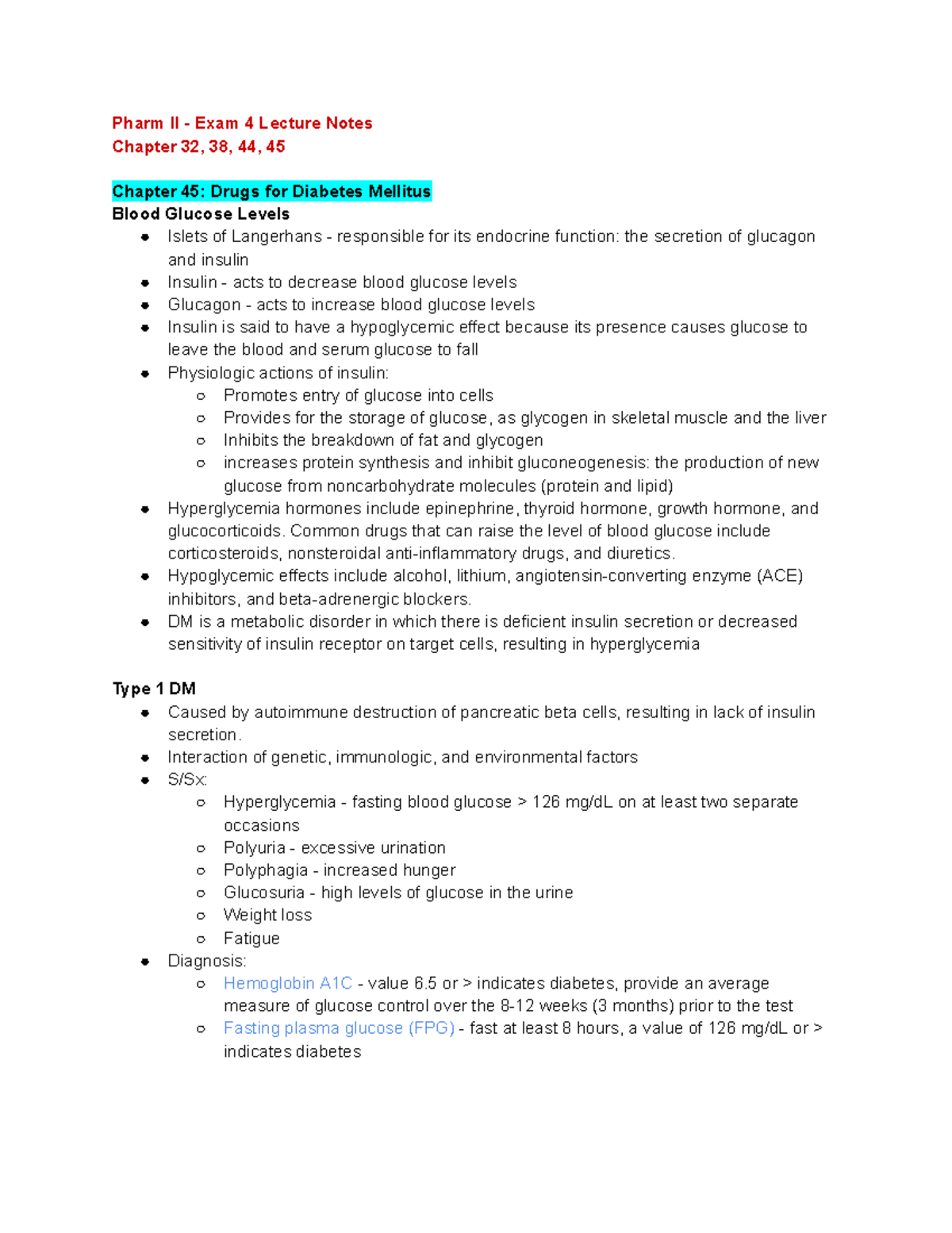 Pharm II - Exam 4 Lecture Notes: Diabetes Mellitus & Endocrine ...