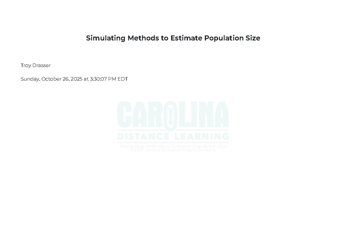 Bio 120L 8-1 Lab: Simulating Population Size Estimation Methods - Studocu