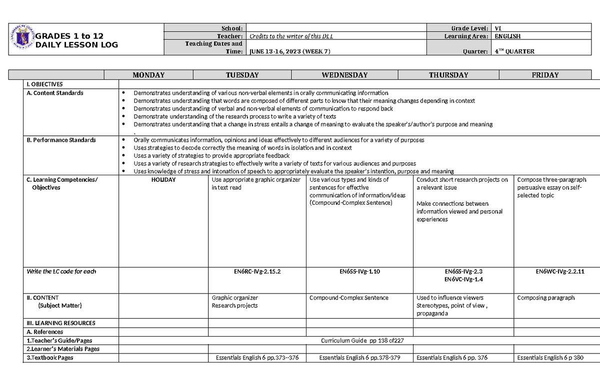 DLL English 6 Q4 W7 - SUMMARY - GRADES 1 to 12 DAILY LESSON LOG School ...