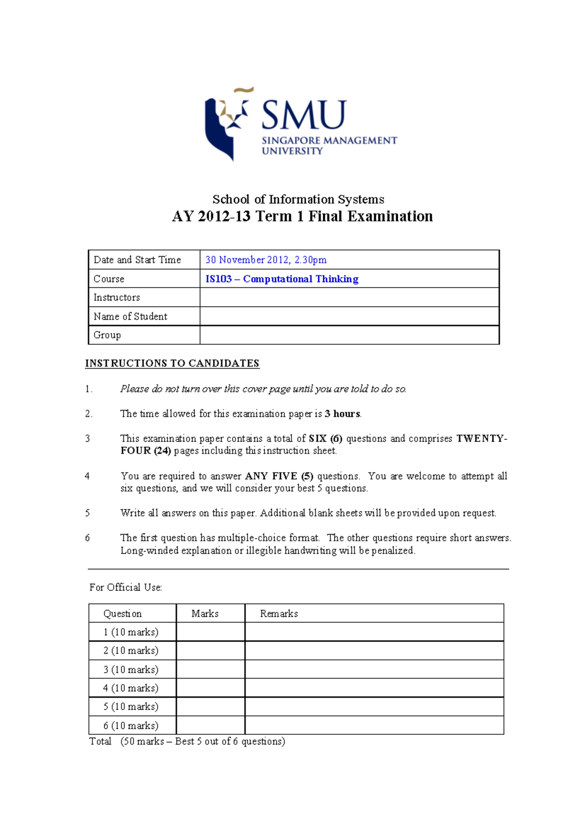 IS103 Computational Thinking Term 1 Final Exam Mock Paper - Studocu