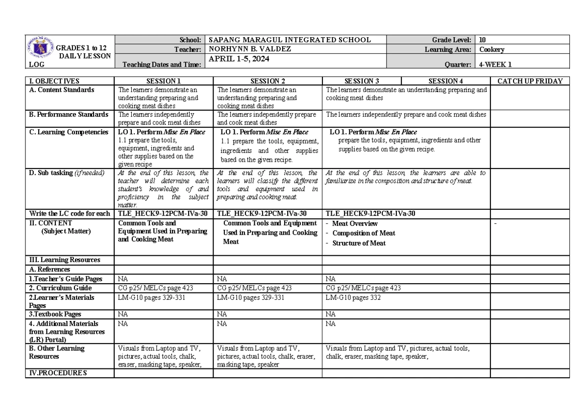 Cookery 9 DLL Q4 - Weekly Lesson Plans for Dessert Preparation - Studocu