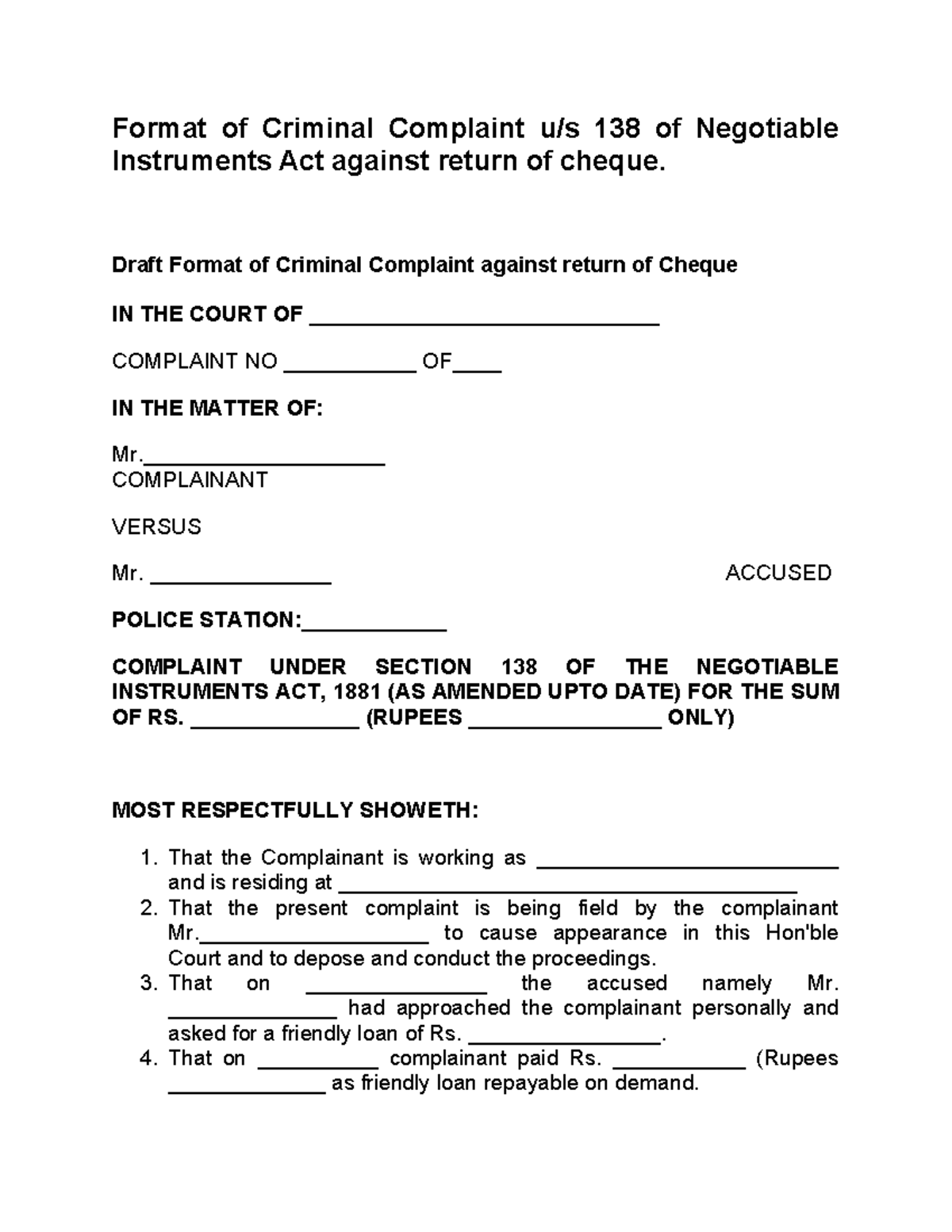 Format of Criminal Complaint u - Draft Format of Criminal Complaint ...