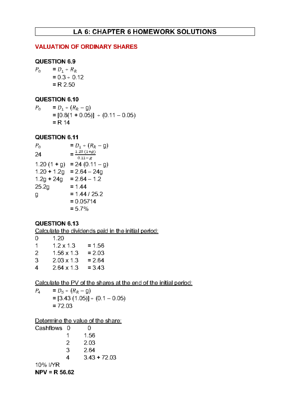LA 6: CHAPTER 6 HOMEWORK SOLUTIONS ON VALUATION OF SHARES - Studocu