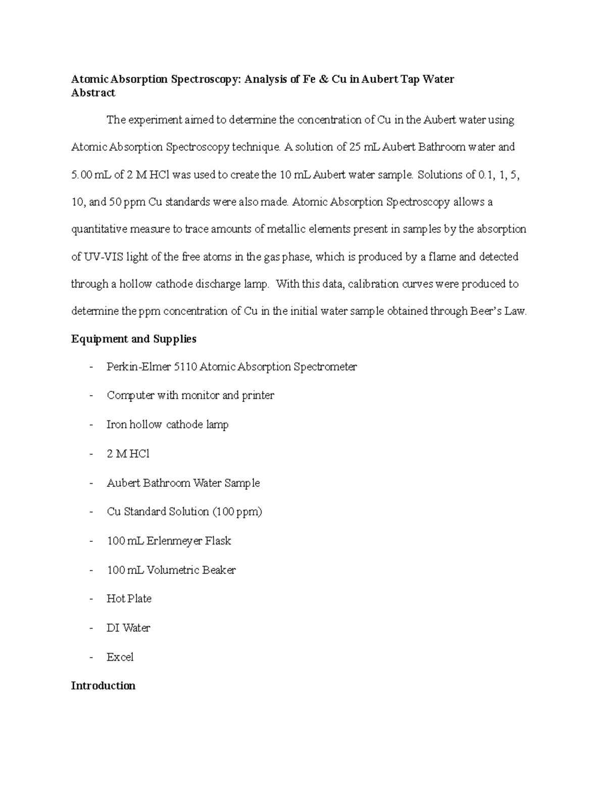 Atomic Absorption Lab Report: Fe & Cu Analysis in Aubert Water - Studocu