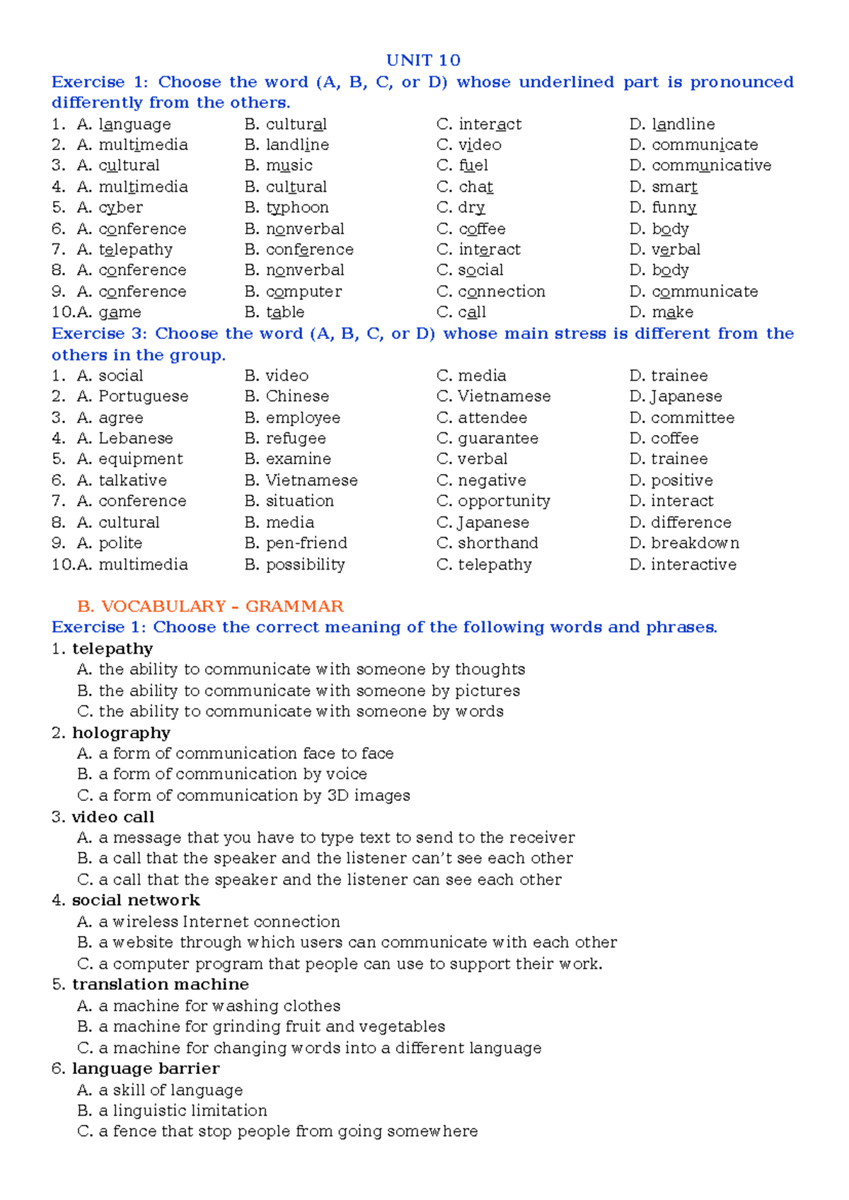 Bài tập Anh 8 Unit 10: Exercises on Pronunciation and Vocabulary - Studocu