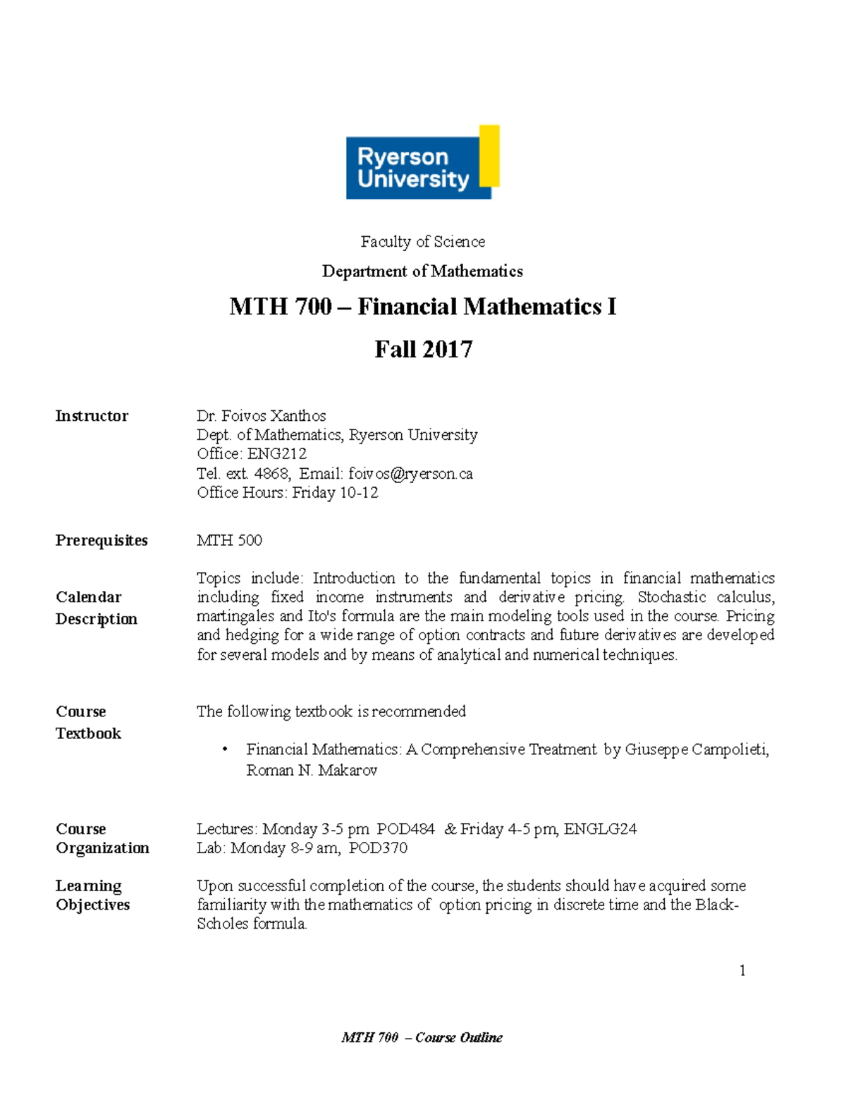 MTH 700 Fall 2017 Course Outline for Financial Mathematics I - Studocu