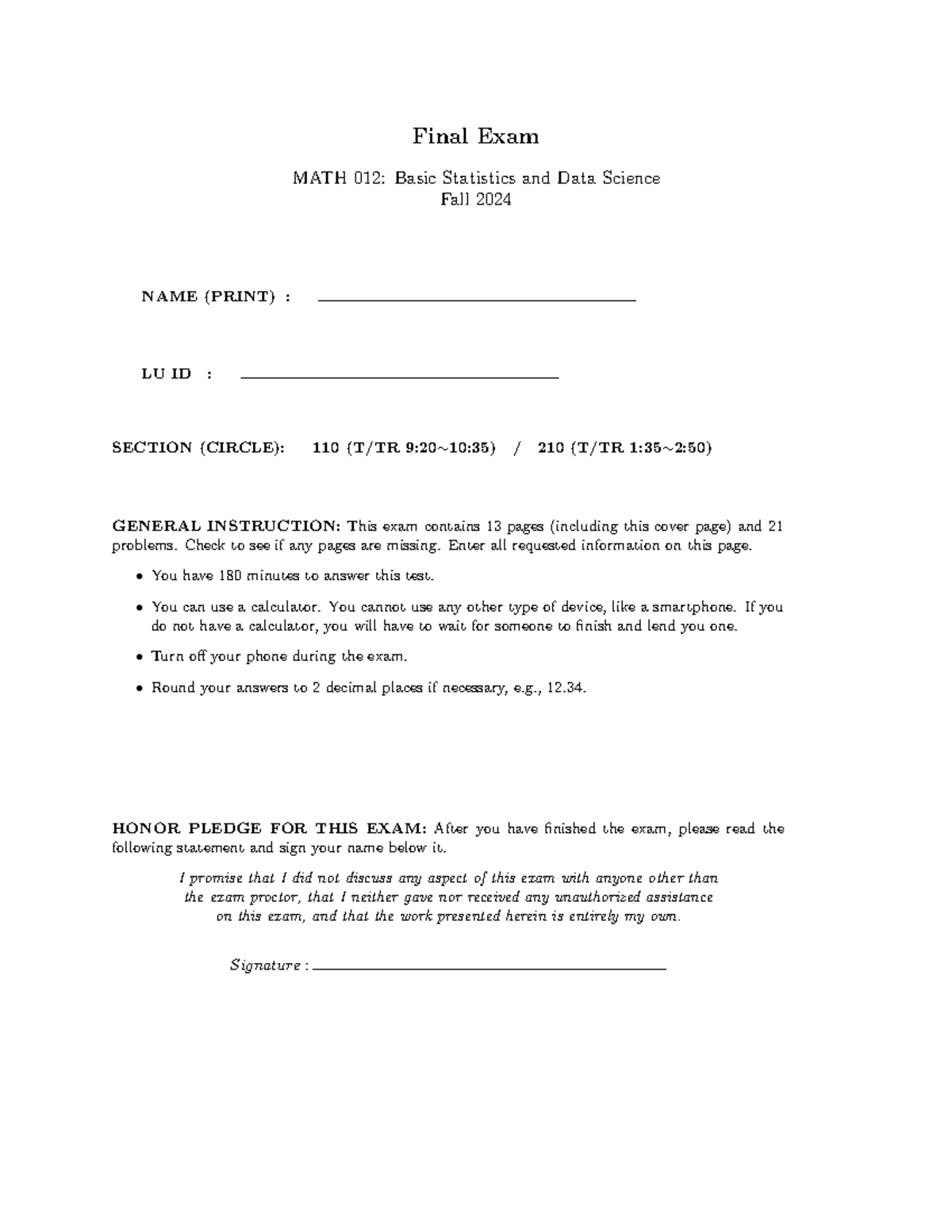 Final Exam Review MATH 012: Basic Statistics & Data Science Fall 2024 ...