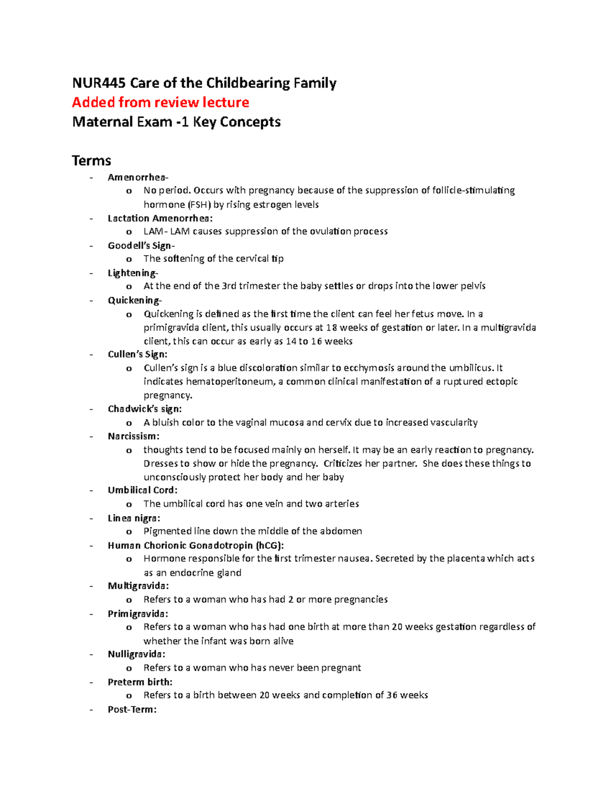 NUR445- Maternal Exam 1- Key Concepts - NUR445 Care of the Childbearing ...