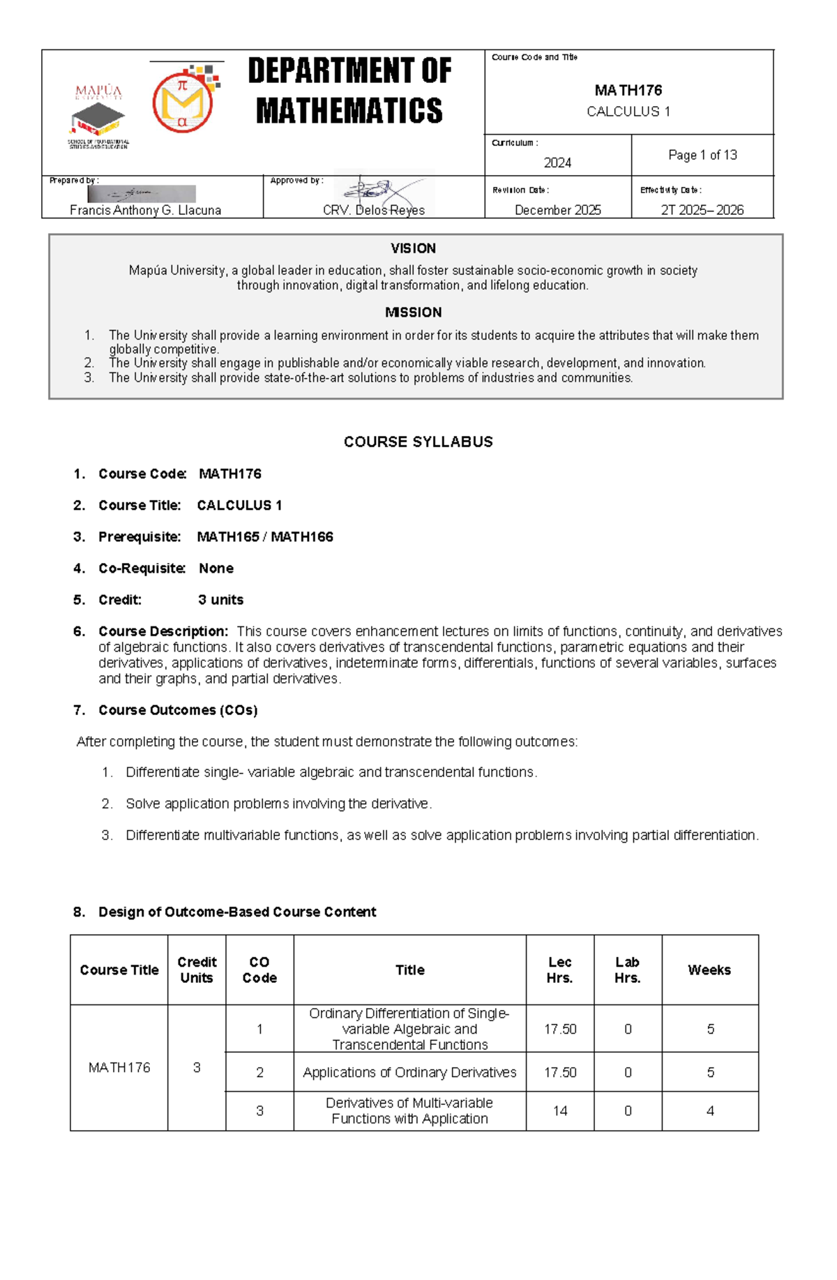MATH176 CALCULUS 1 Blended Syllabus for AY 2025-2026 - Studocu