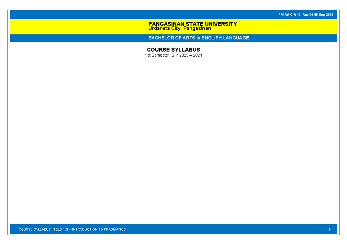 ELS 121 Syllabus: Introduction to Pragmatics (1st Sem 23-24) - Document Preview