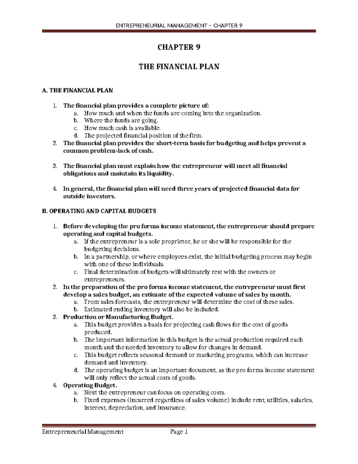 Chapter 9 - Financial Planning in Entrepreneurial Management - Document Preview