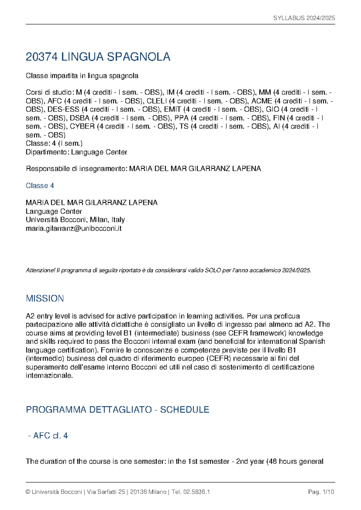 Syllabus 2024/2025 - Corso di Lingua Spagnola LINGUA SPAGNOLA 20374 ...