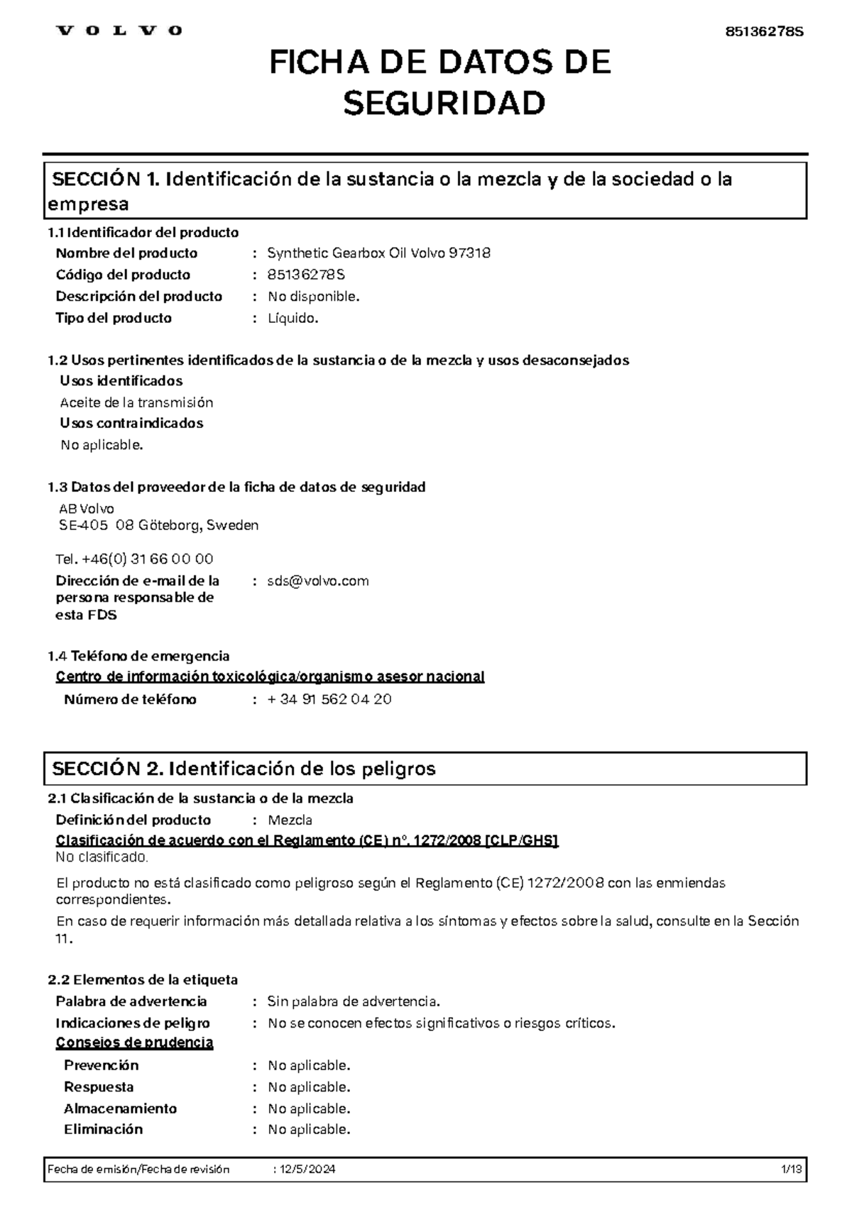 85136278S - Ficha de Datos de Seguridad: Aceite de Transmisión ...