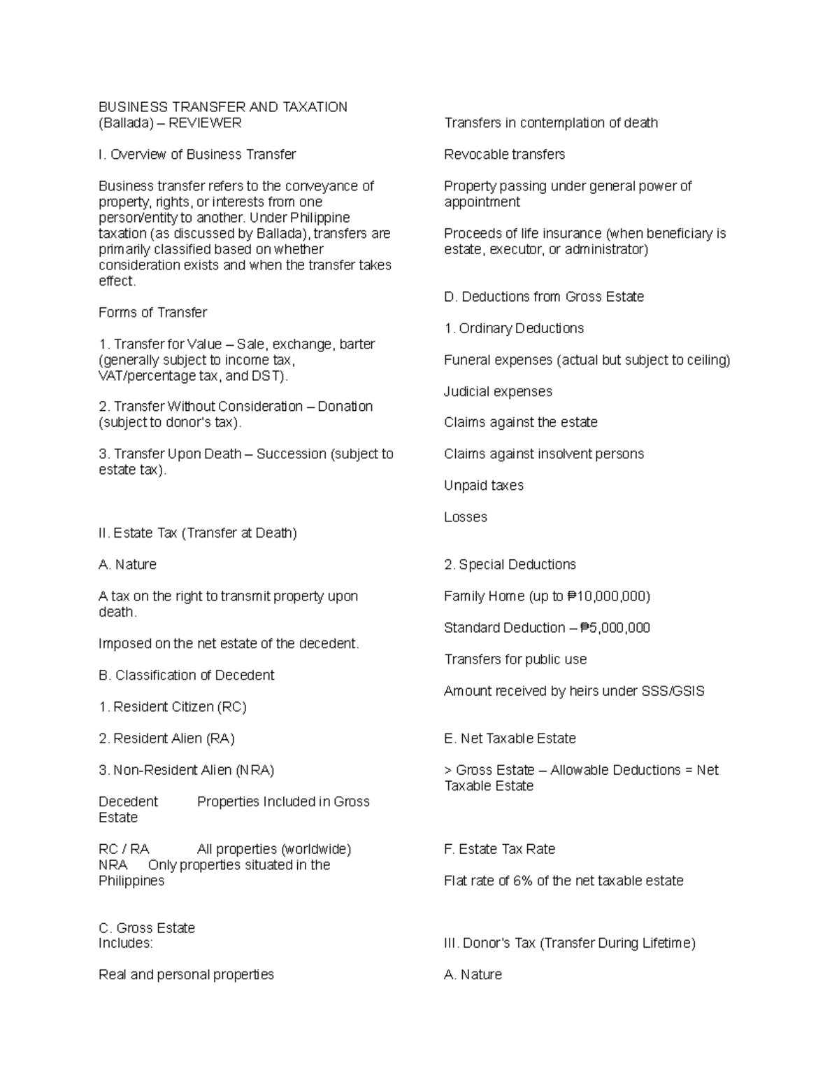 Business Transfer and Taxation - BAM 208 Reviewer Notes - Studocu