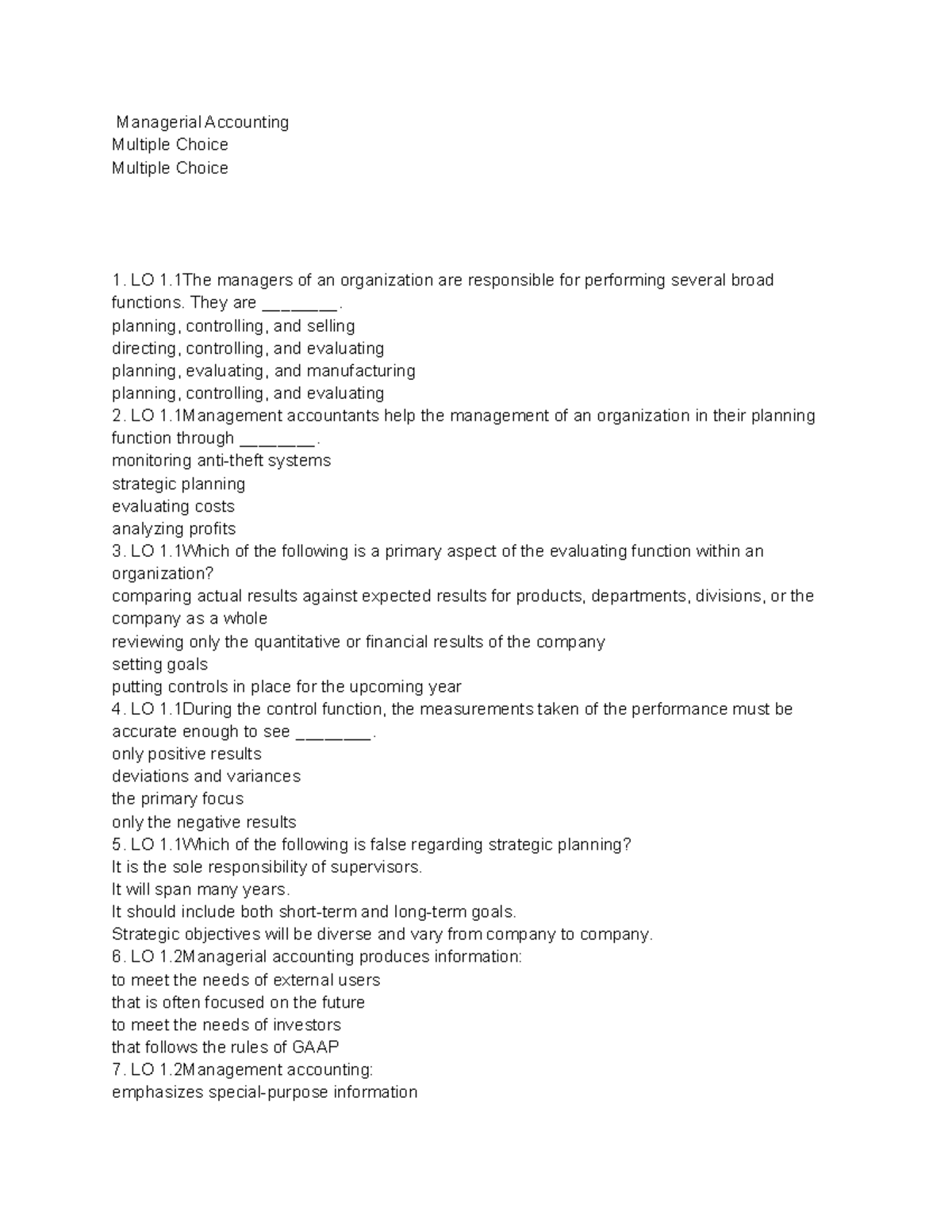Managerial Accounting - Managerial Accounting Multiple Choice Multiple ...