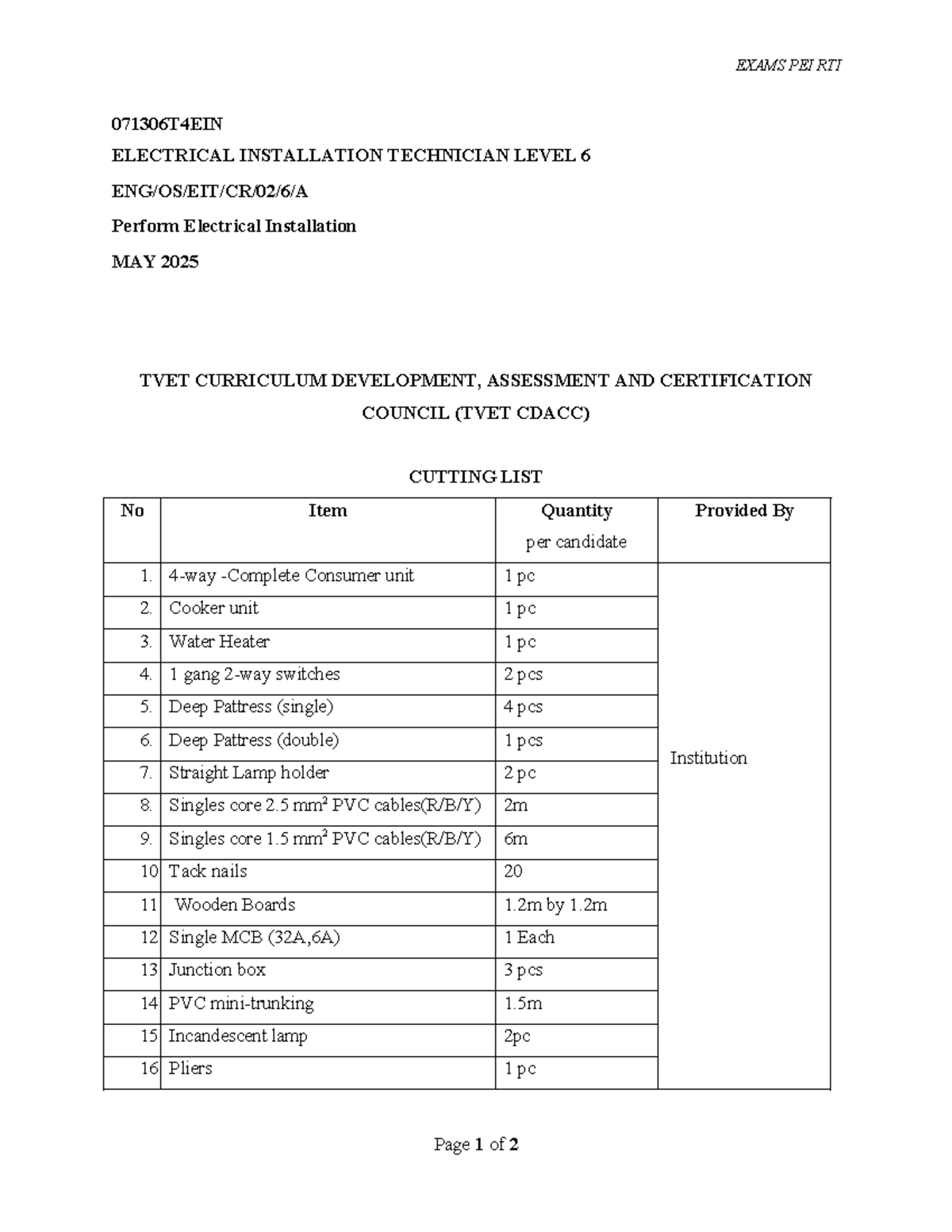 Cutting List for Electrical Installation Level 6 - PEI RTI 071306T4EIN ...
