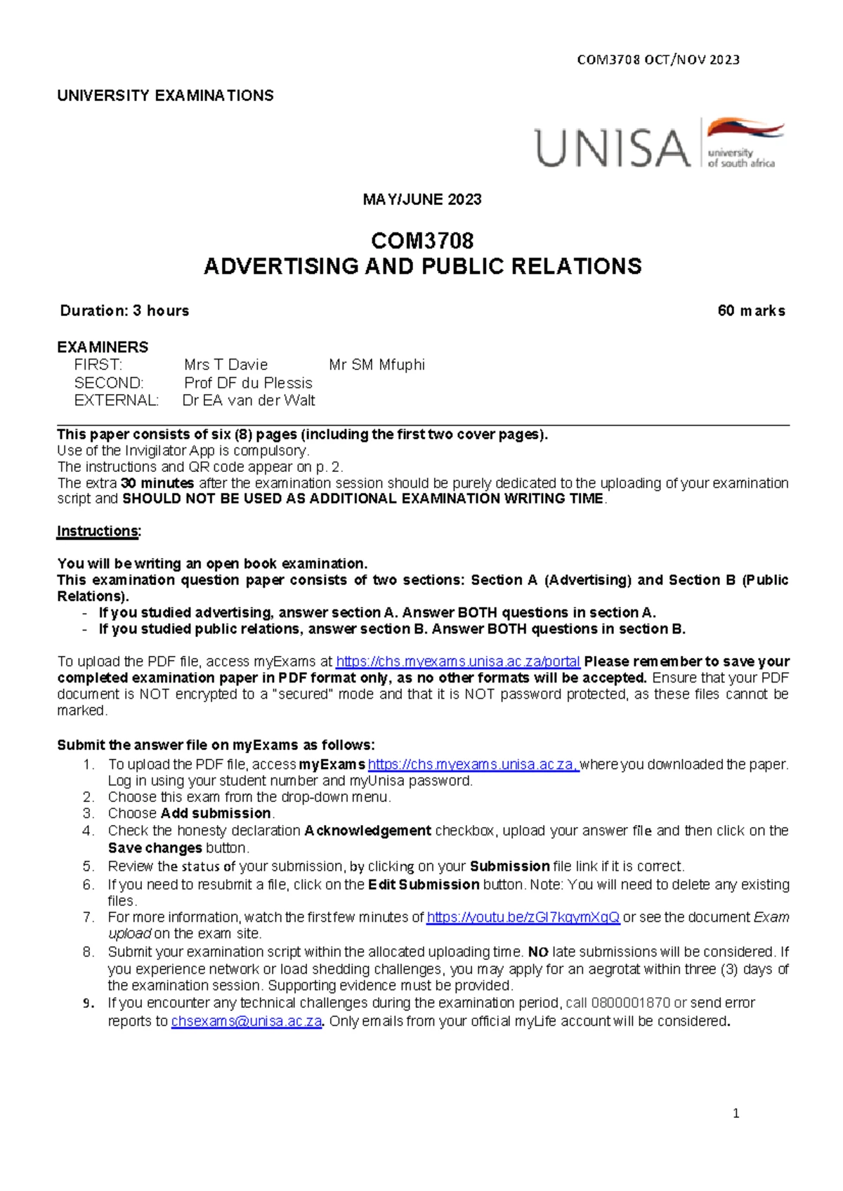 COM3708 May 2025 Advertising & Public Relations Exam Paper - Studocu
