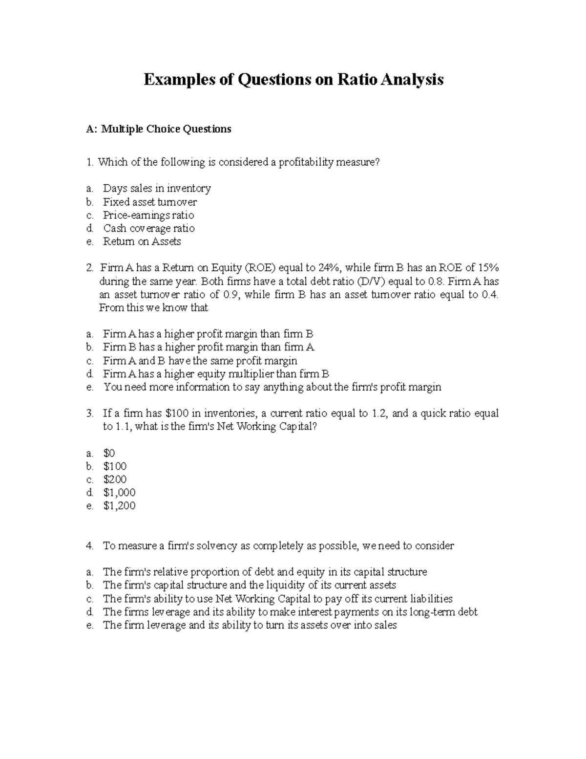 Ratio Analysis Questions - Assignment - Studocu