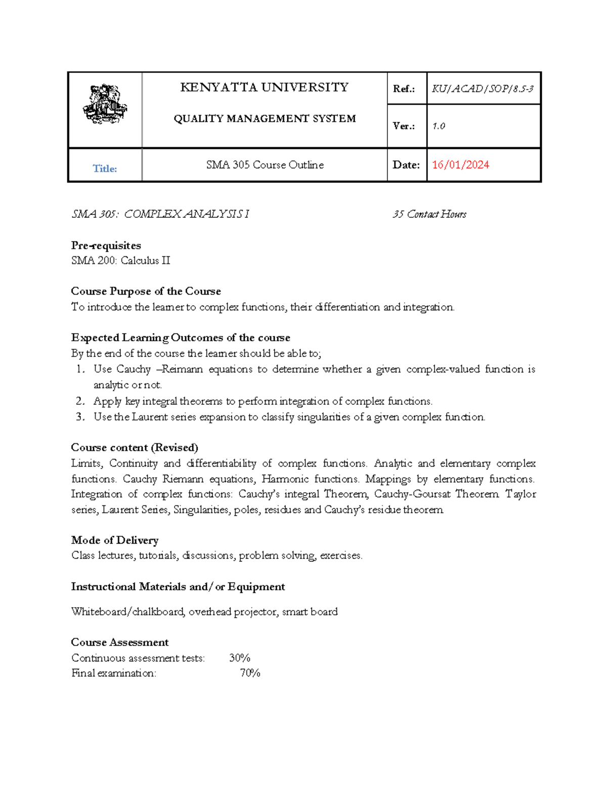 SMA 305 Course Outline: Complex Analysis I - Class Notes and Details ...